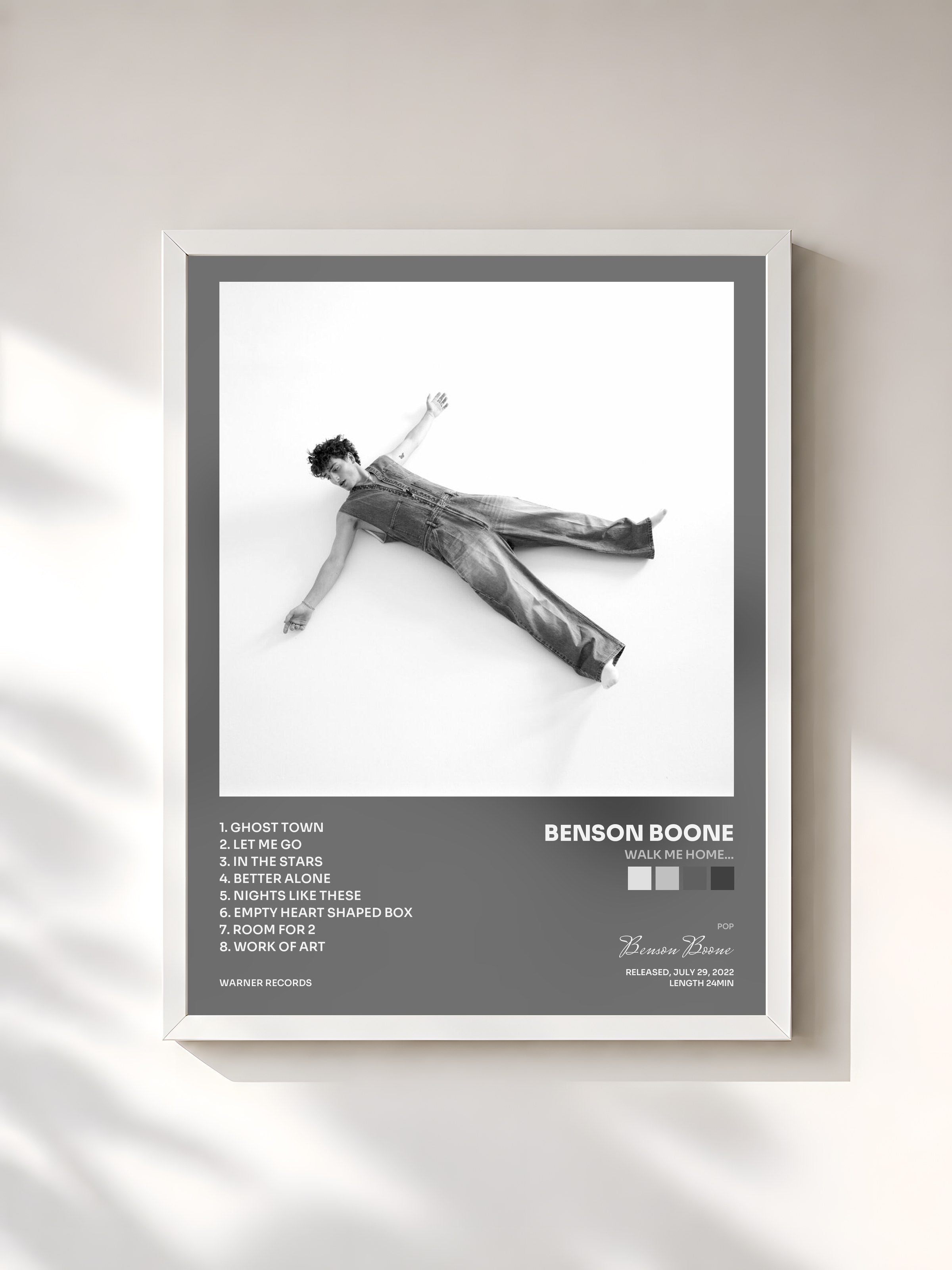 #blanc Tableau de l'album Walk Me Home... de Benson Boone, cadre blanc, imprimé et encadré en France
