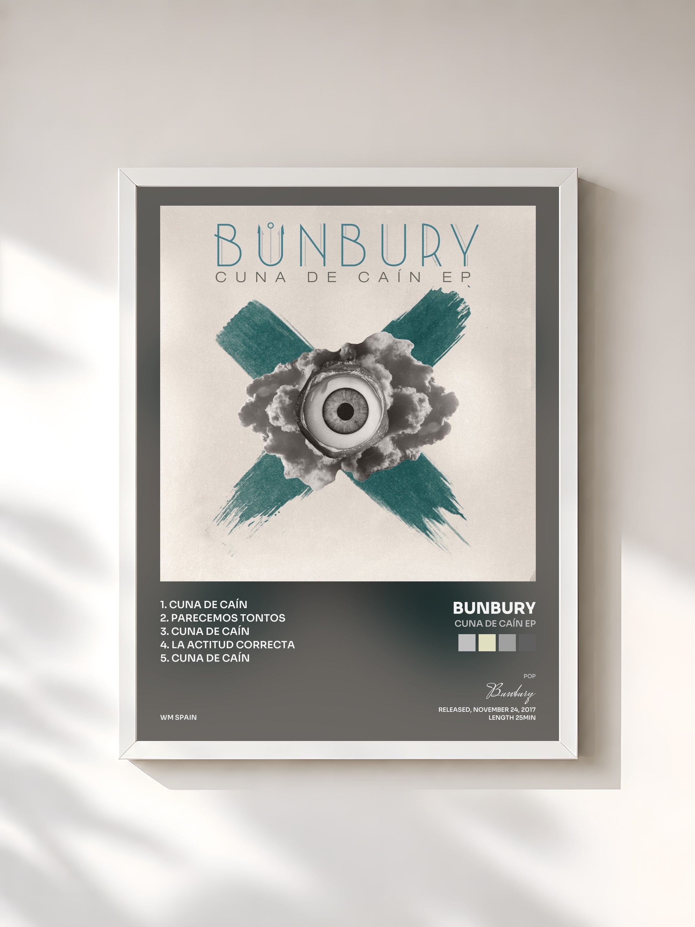 #blanc Tableau de l'album Cuna de Caín EP de Bunbury, cadre blanc, imprimé et encadré en France