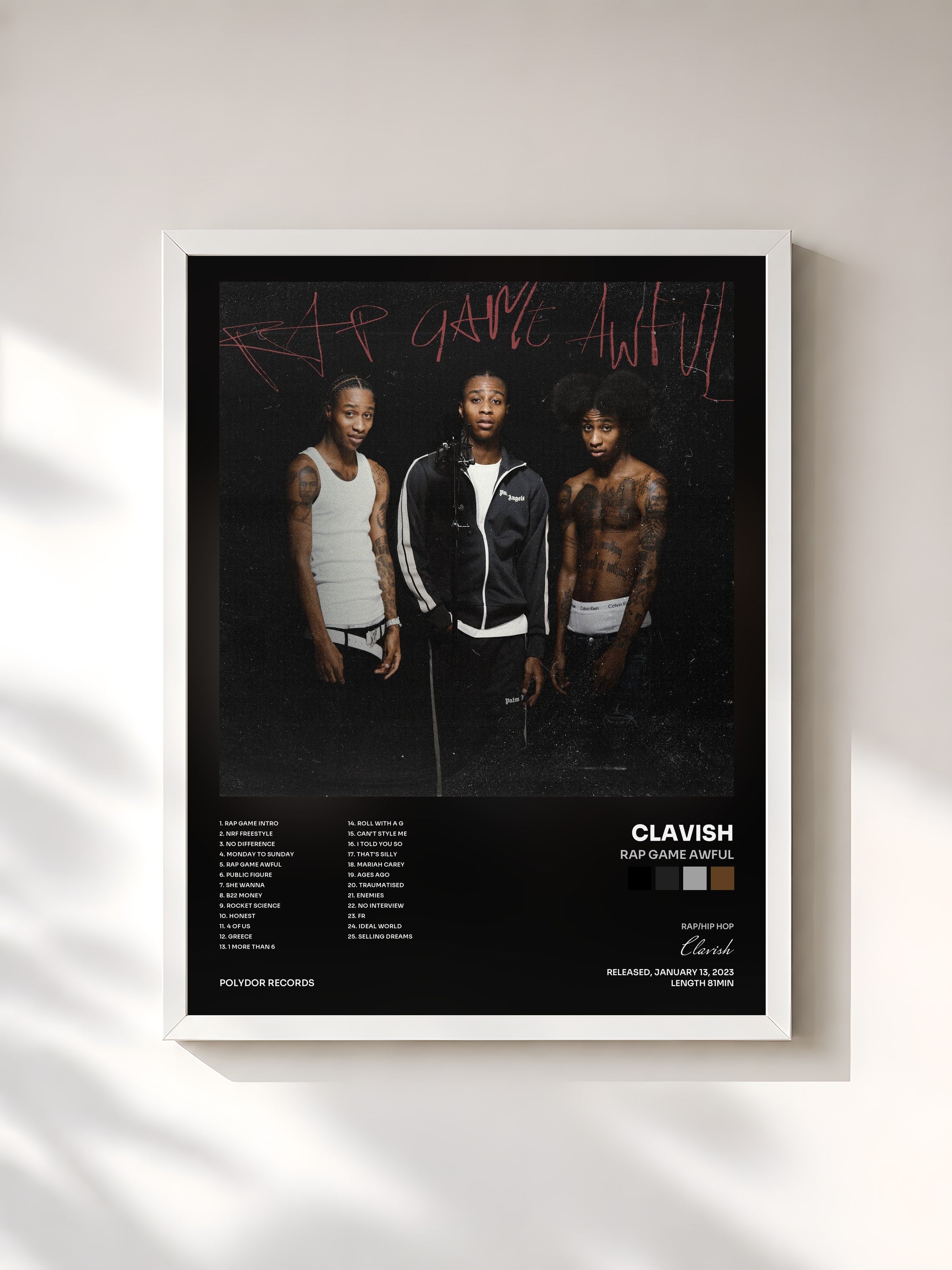#blanc Tableau de l'album Rap Game Awful de Clavish, cadre blanc, imprimé et encadré en France