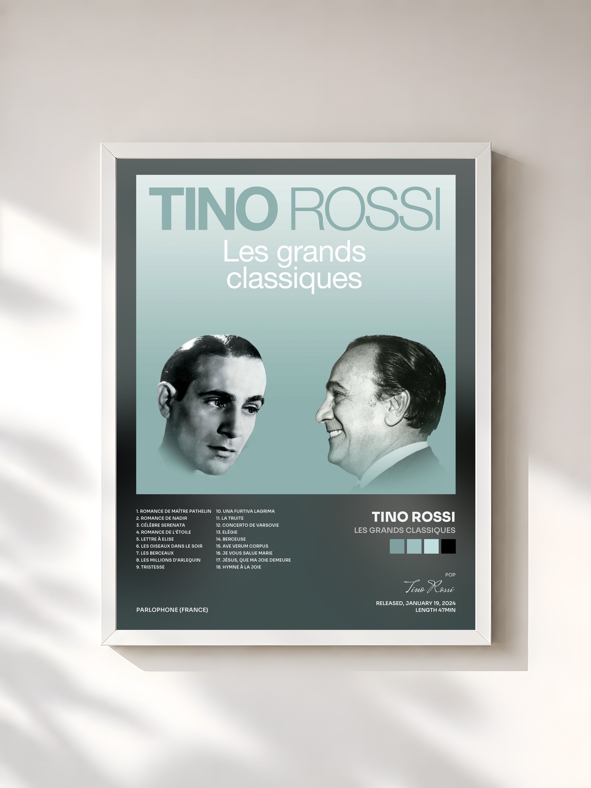 #blanc Tableau de l'album Les grands classiques de Tino Rossi, cadre blanc, imprimé et encadré en France