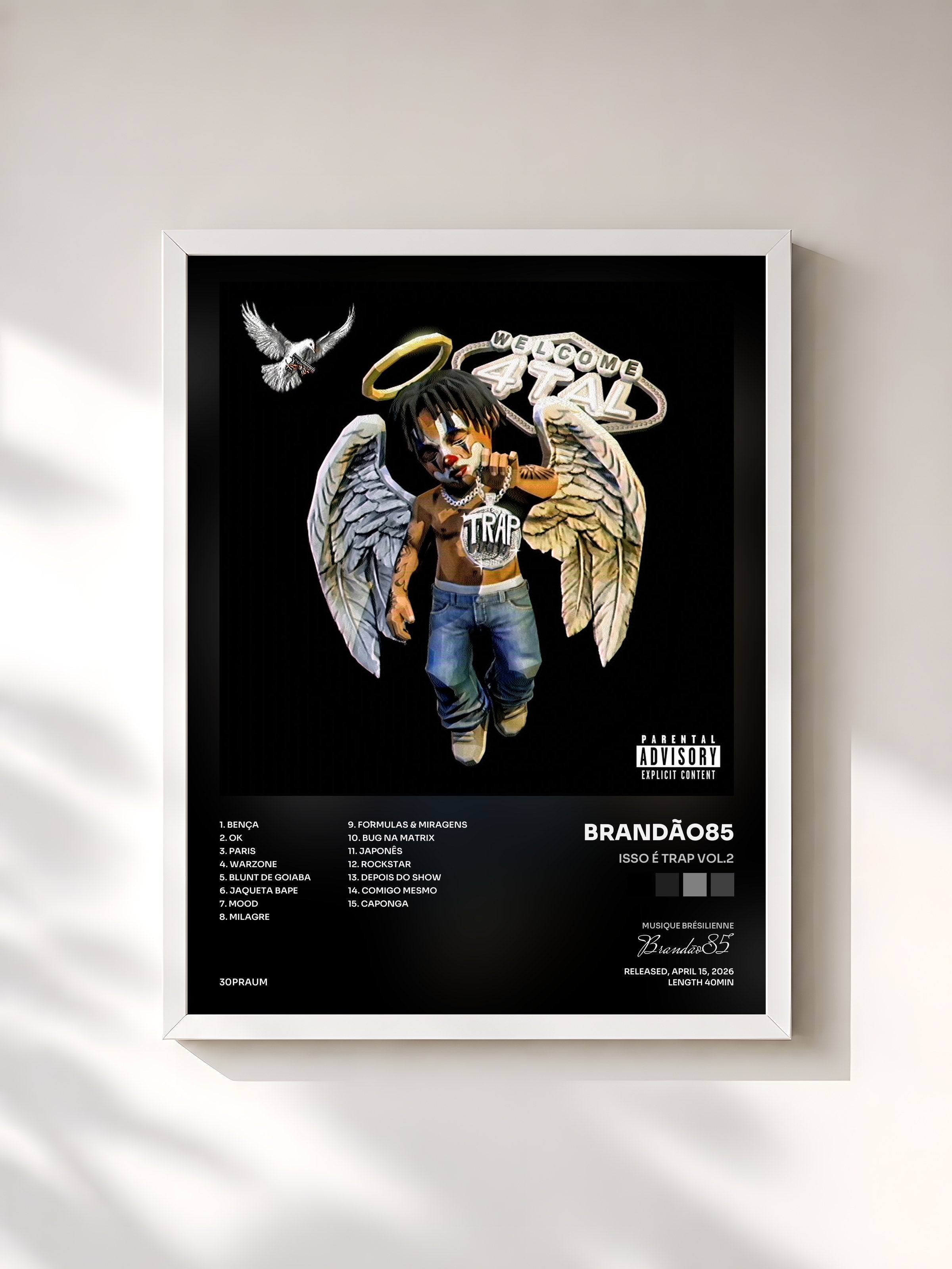 #blanc Tableau de l'album ISSO É TRAP VOL.2 de Brandão85, cadre blanc, imprimé et encadré en France