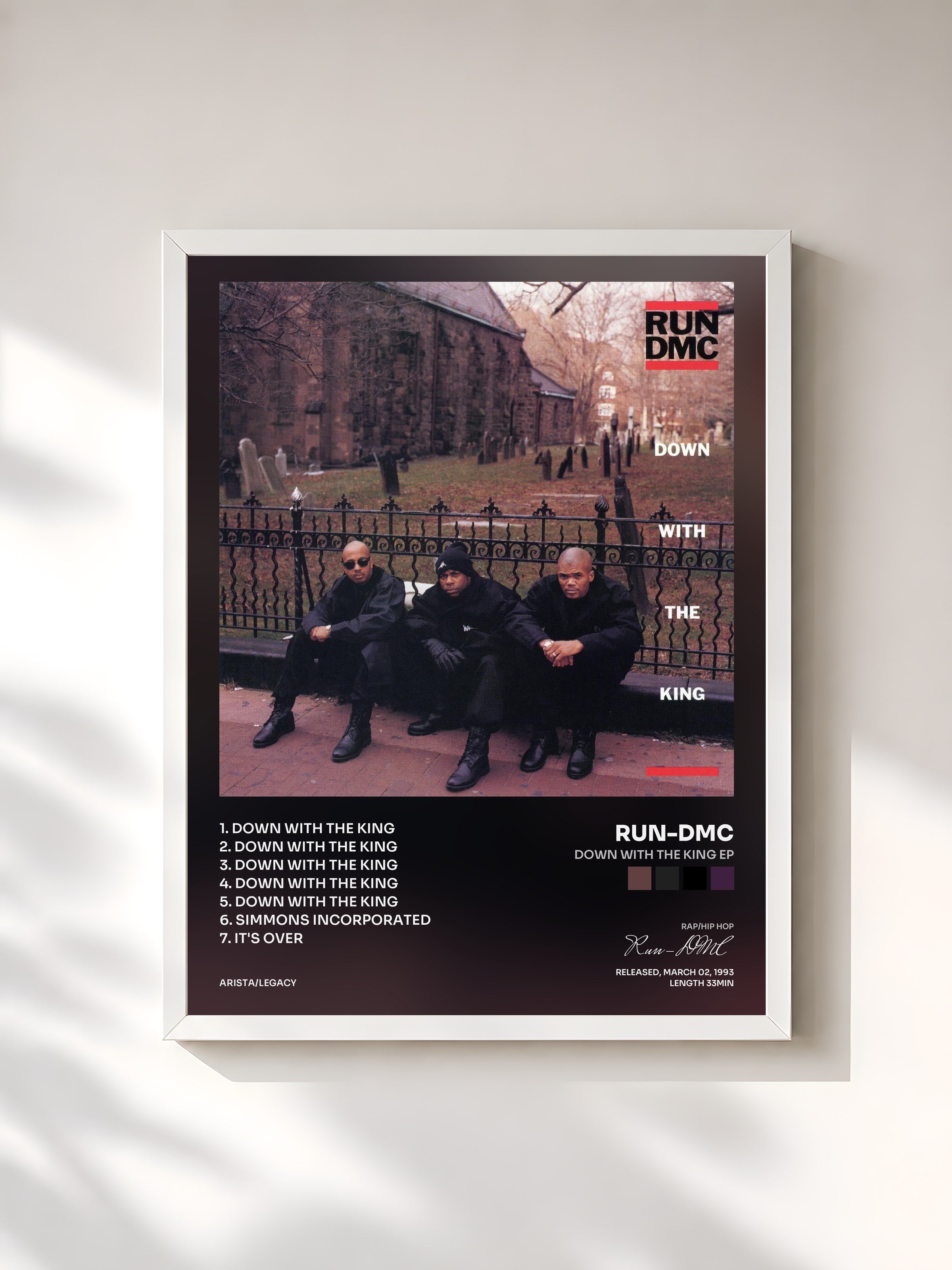 #blanc Tableau de l'album Down with the King EP de Run-DMC, cadre blanc, imprimé et encadré en France