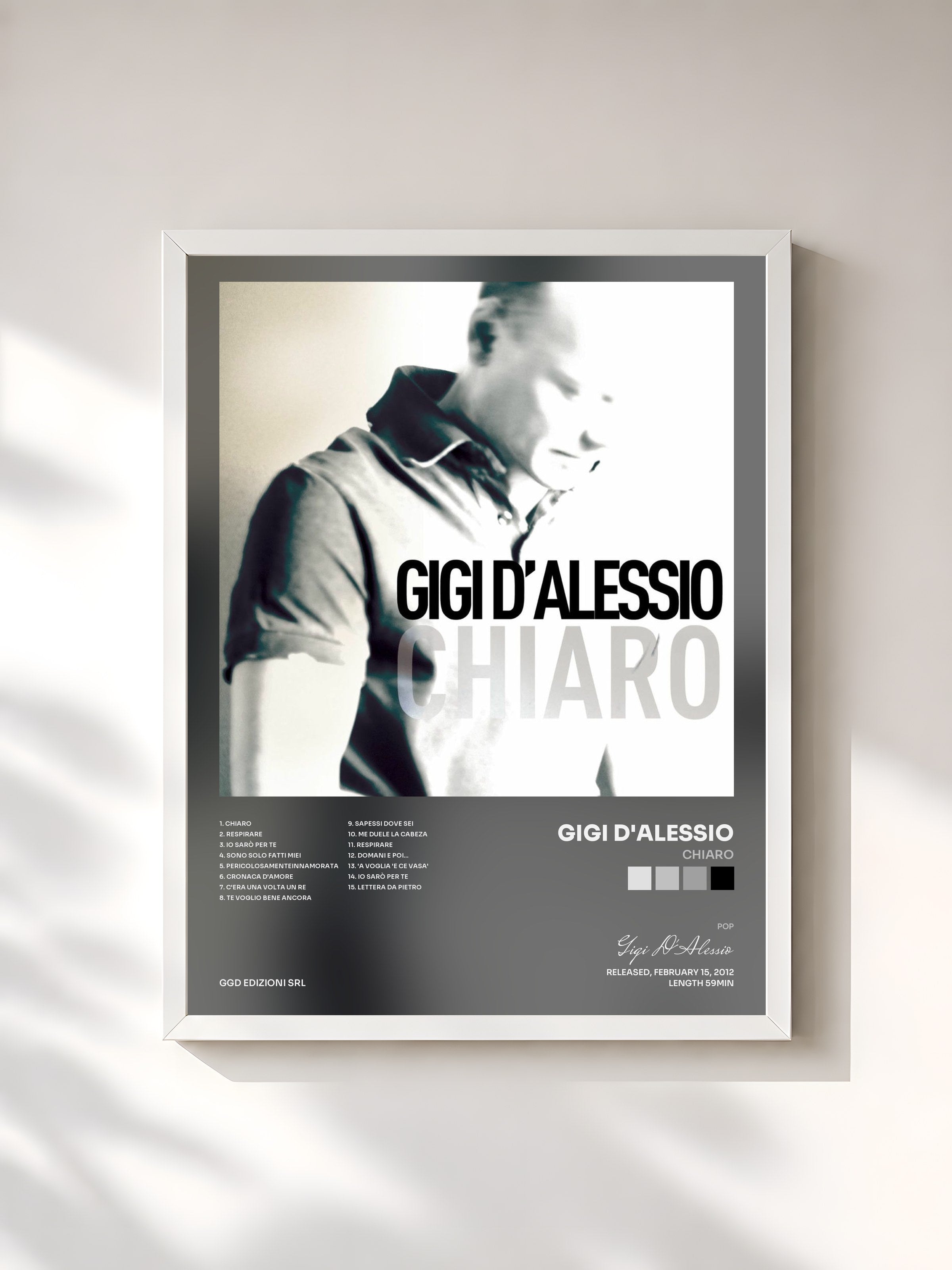 #blanc Tableau de l'album Chiaro de Gigi D'Alessio, cadre blanc, imprimé et encadré en France