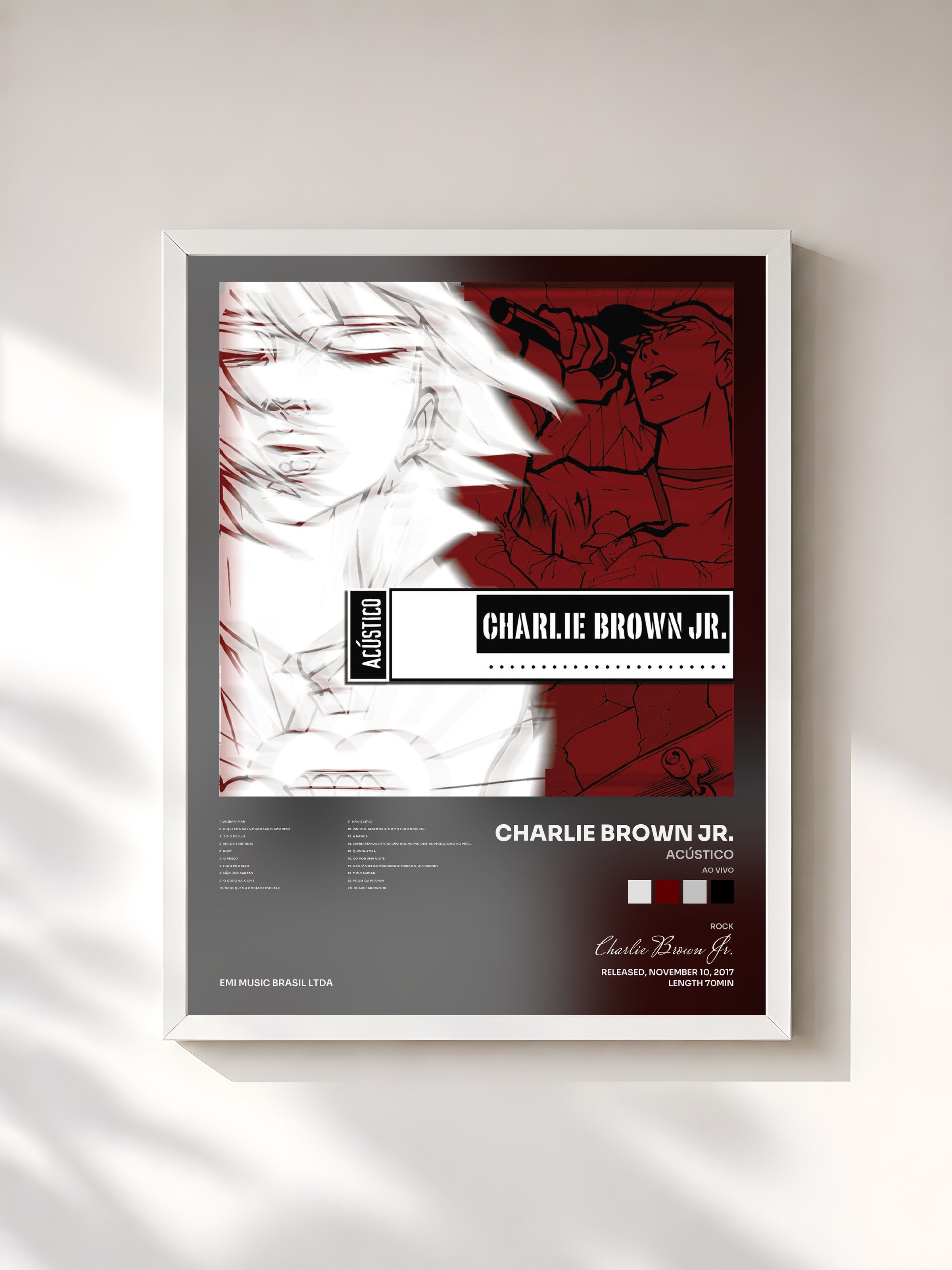 #blanc Tableau de l'album Acústico (Ao Vivo) de Charlie Brown Jr., cadre blanc, imprimé et encadré en France