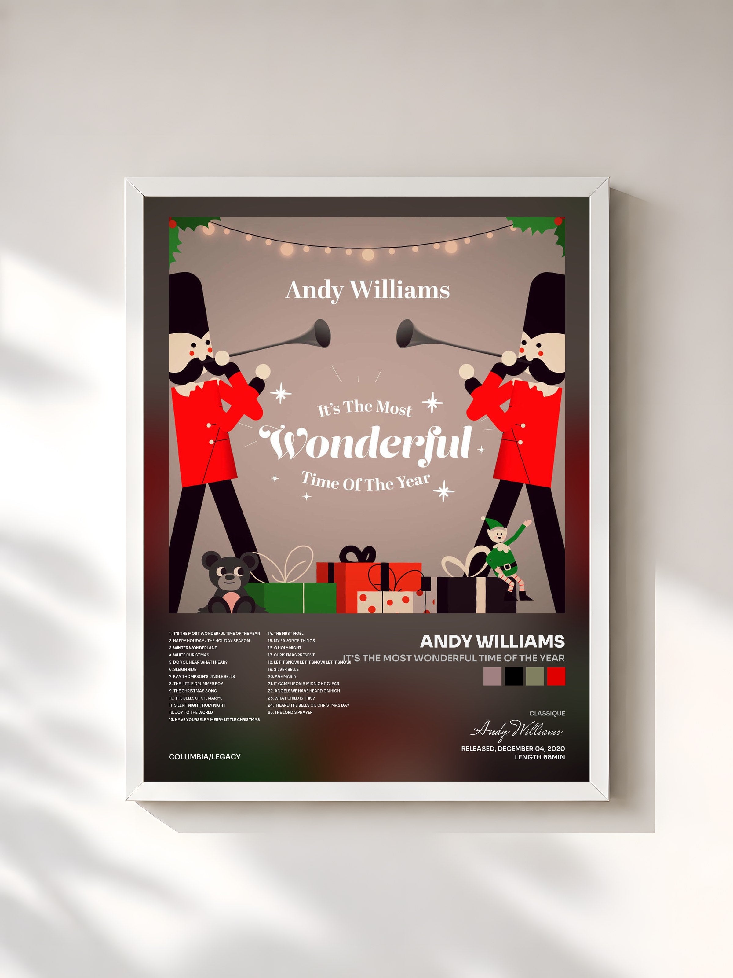 #blanc Tableau de l'album It's The Most Wonderful Time Of The Year de Andy Williams, cadre blanc, imprimé et encadré en France