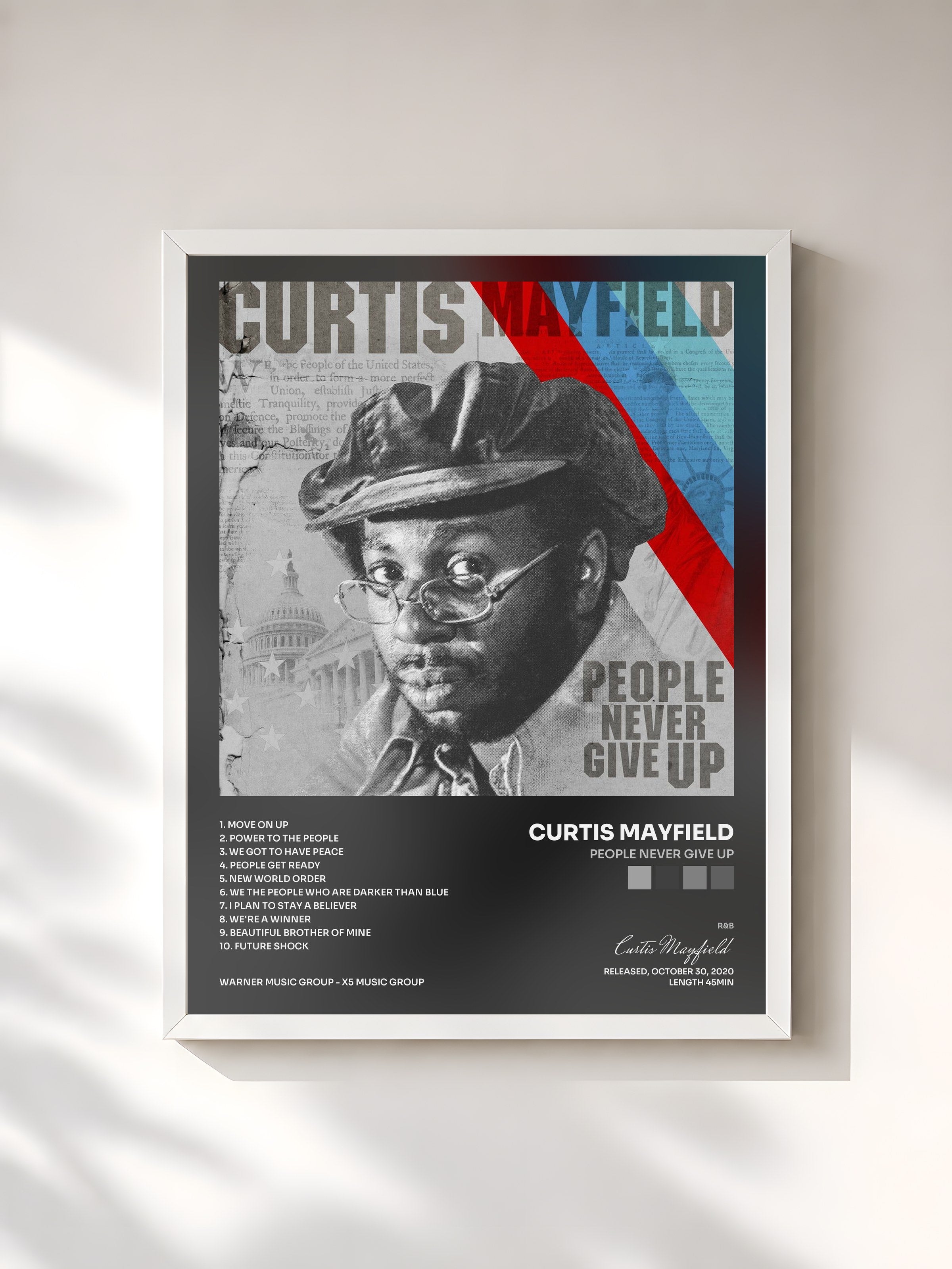 #blanc Tableau de l'album People Never Give Up de Curtis Mayfield, cadre blanc, imprimé et encadré en France