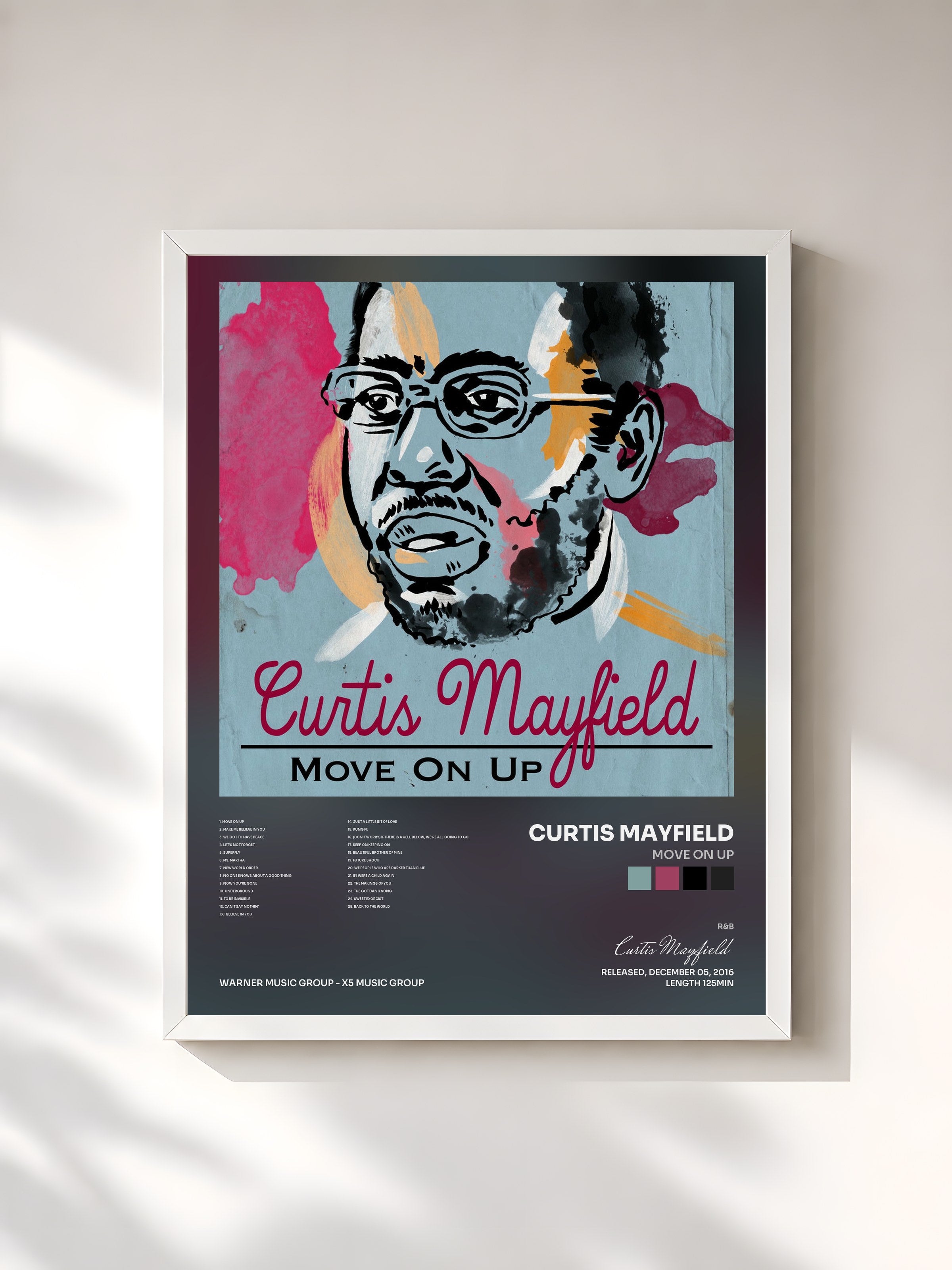 #blanc Tableau de l'album Move On Up de Curtis Mayfield, cadre blanc, imprimé et encadré en France