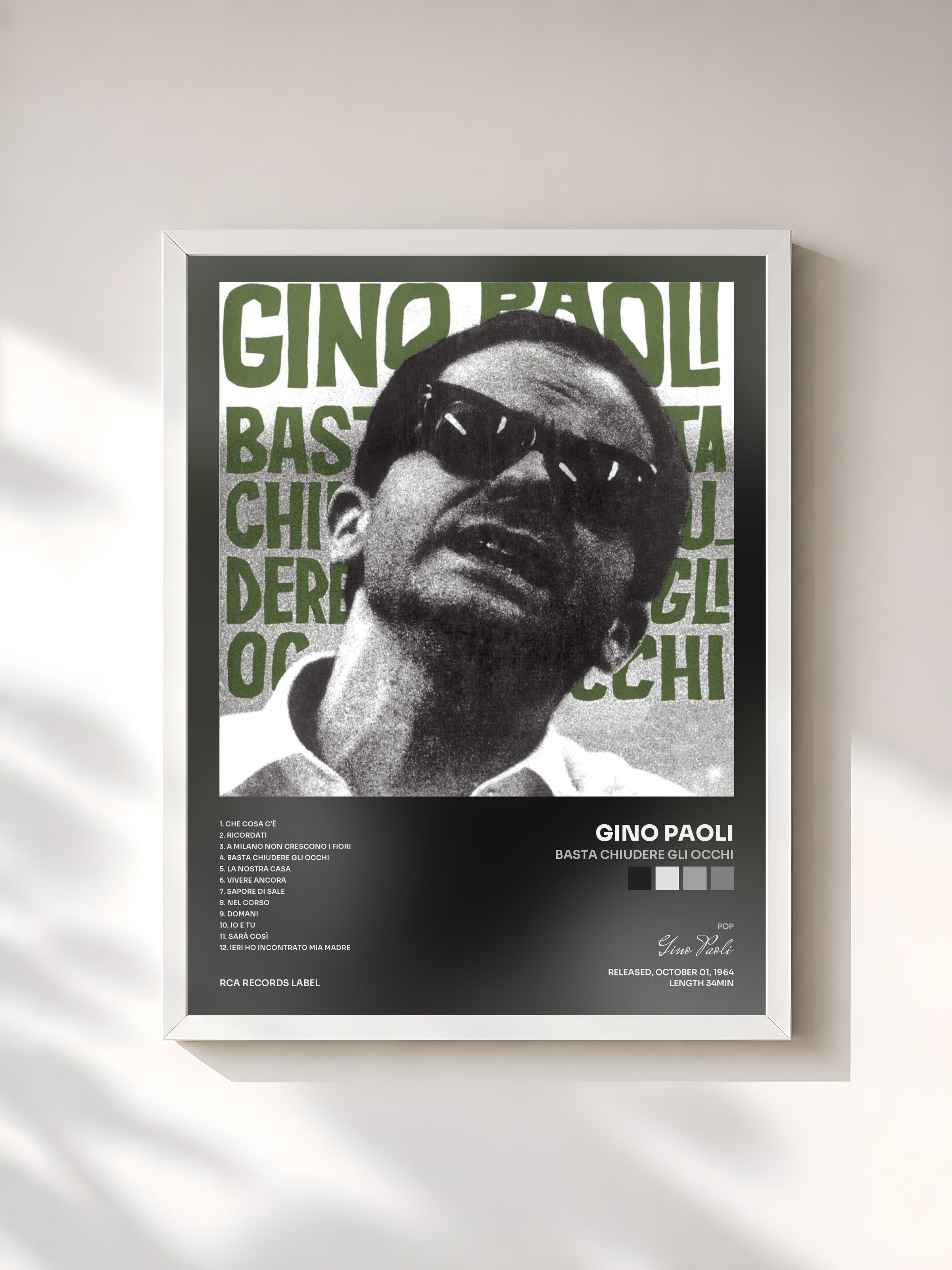 #blanc Tableau de l'album Basta Chiudere Gli Occhi de Gino Paoli, cadre blanc, imprimé et encadré en France