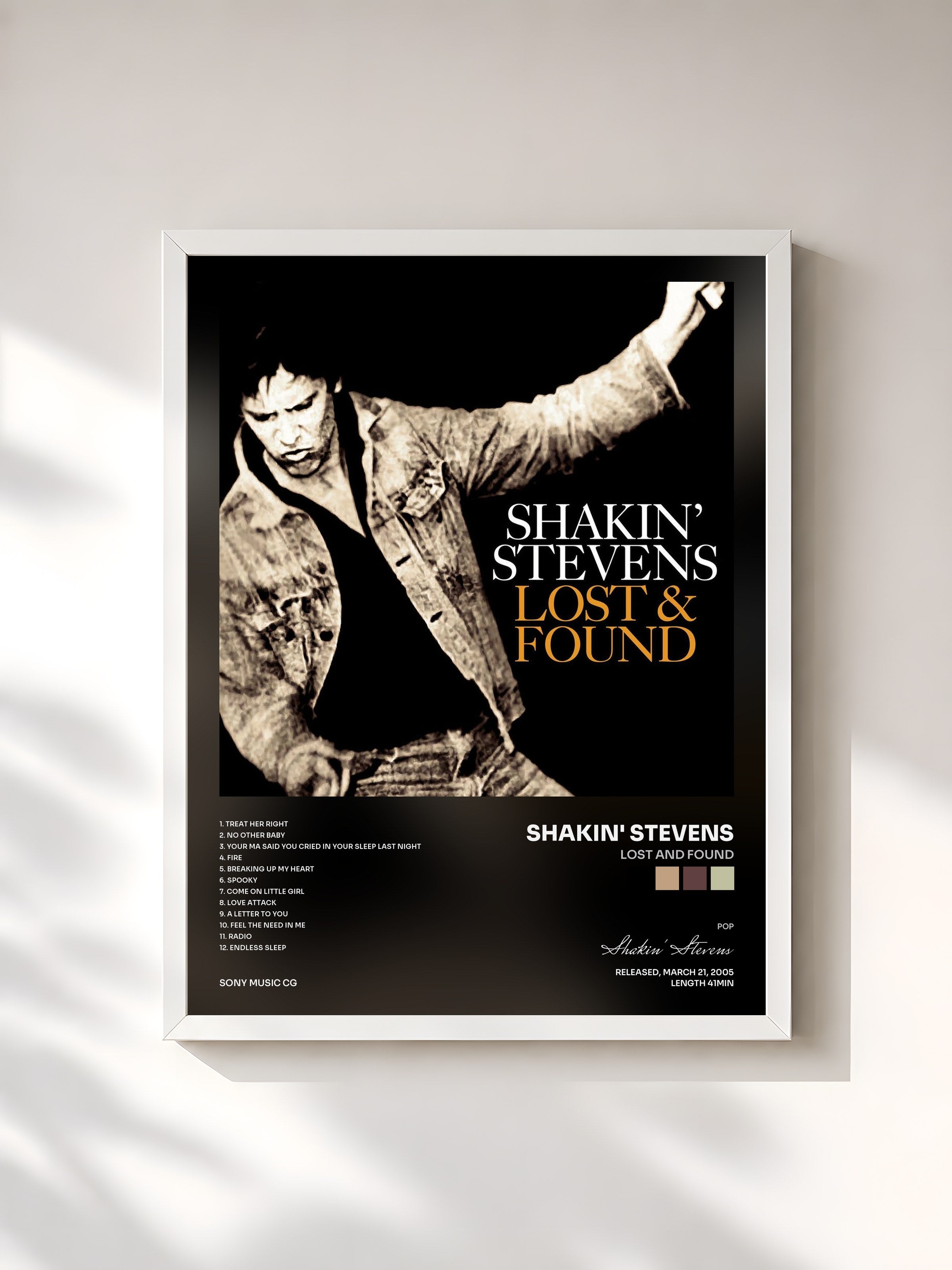 #blanc Tableau de l'album Lost And Found de Shakin' Stevens, cadre blanc, imprimé et encadré en France