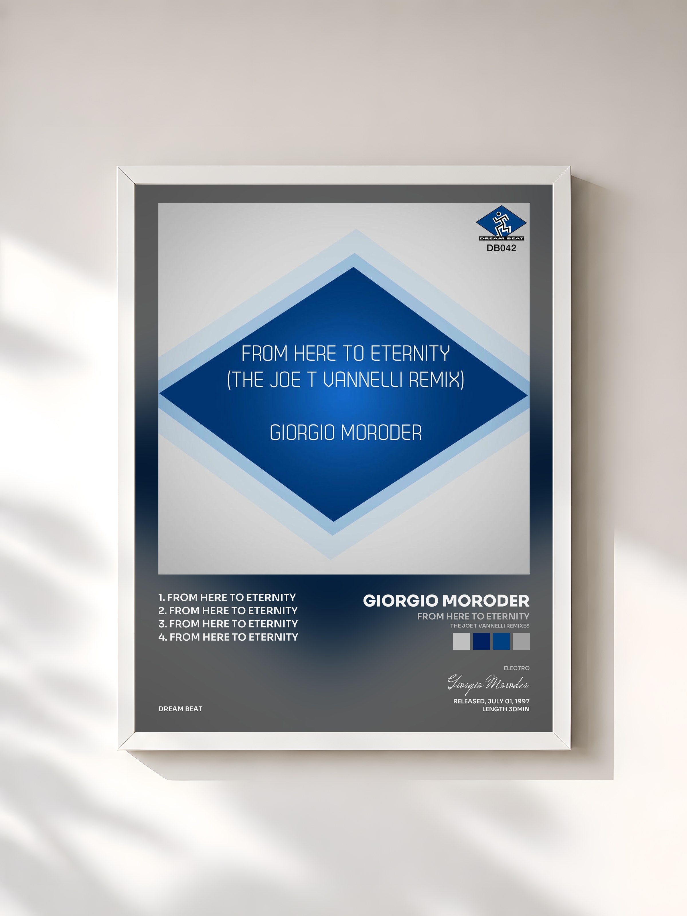 #blanc Tableau de l'album From Here to Eternity (The Joe T Vannelli Remixes) de Giorgio Moroder, cadre blanc, imprimé et encadré en France