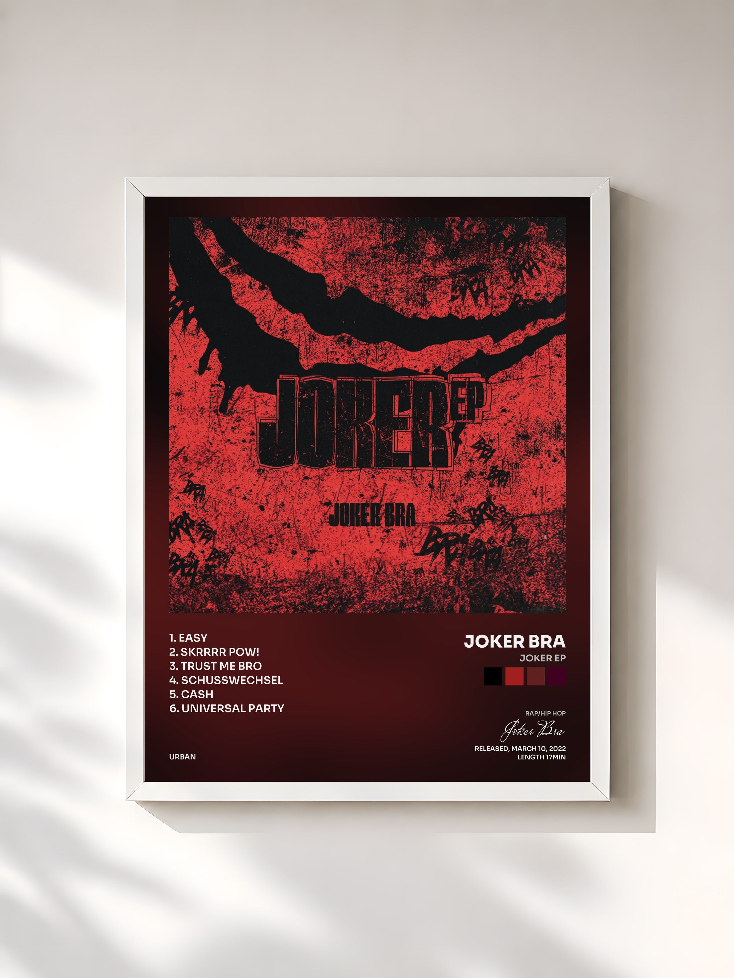 #blanc Tableau de l'album JOKER EP de Joker Bra, cadre blanc, imprimé et encadré en France