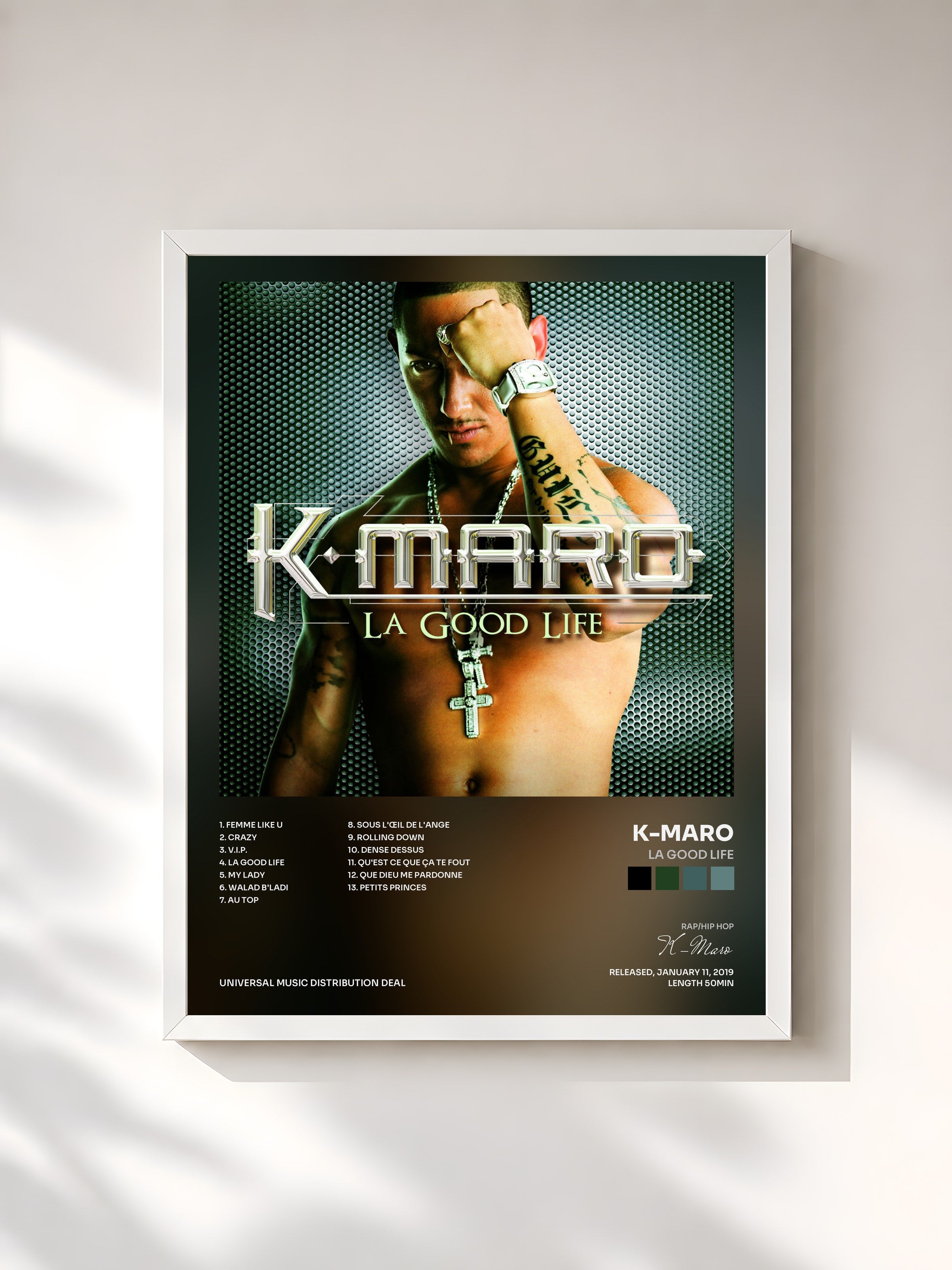 #blanc Tableau de l'album La Good Life de K-Maro, cadre blanc, imprimé et encadré en France