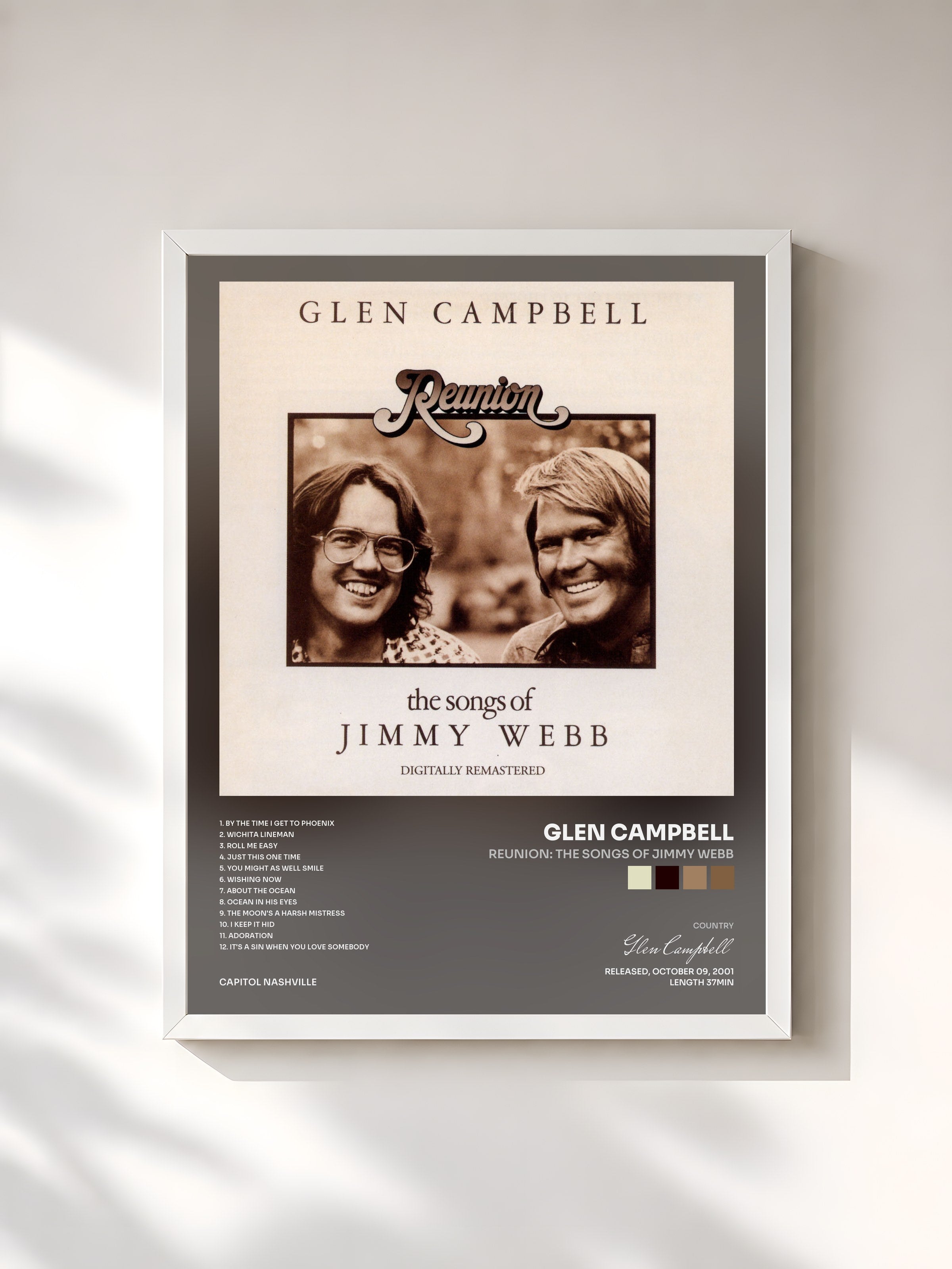 #blanc Tableau de l'album Reunion: The Songs Of Jimmy Webb de Glen Campbell, cadre blanc, imprimé et encadré en France