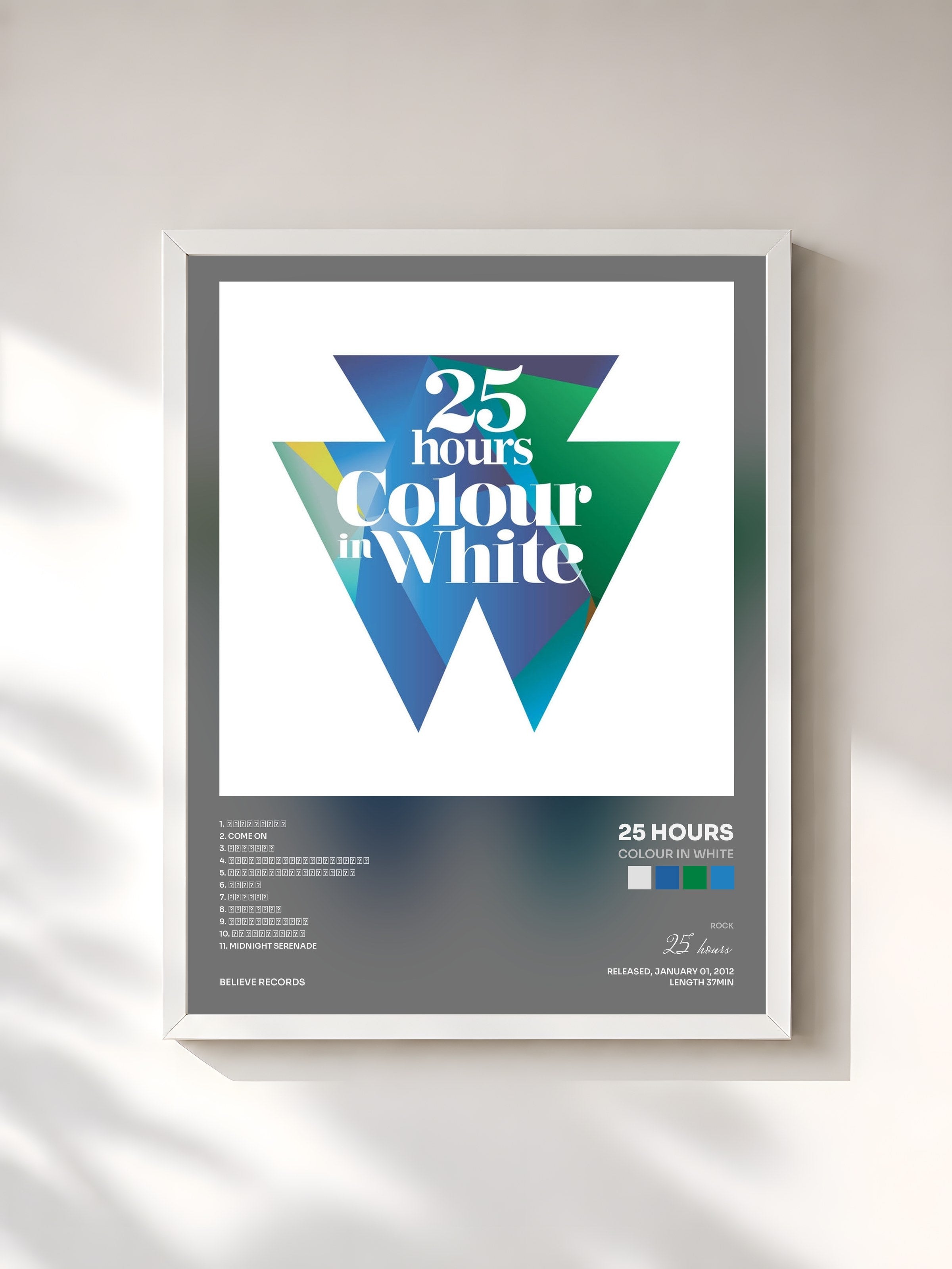 #blanc Tableau de l'album Colour In White de 25 hours, cadre blanc, imprimé et encadré en France