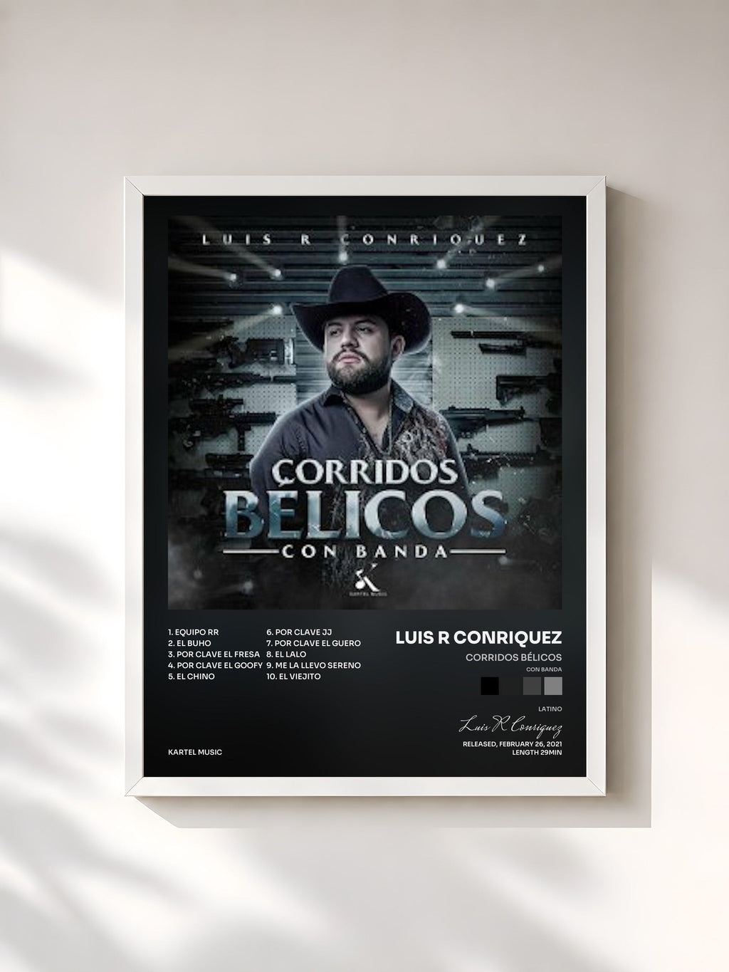 #blanc Corridos Bélicos (Con Banda) de Luis R Conriquez en lámina enmarcada, marco blanco, impresa y enmarcada en Francia