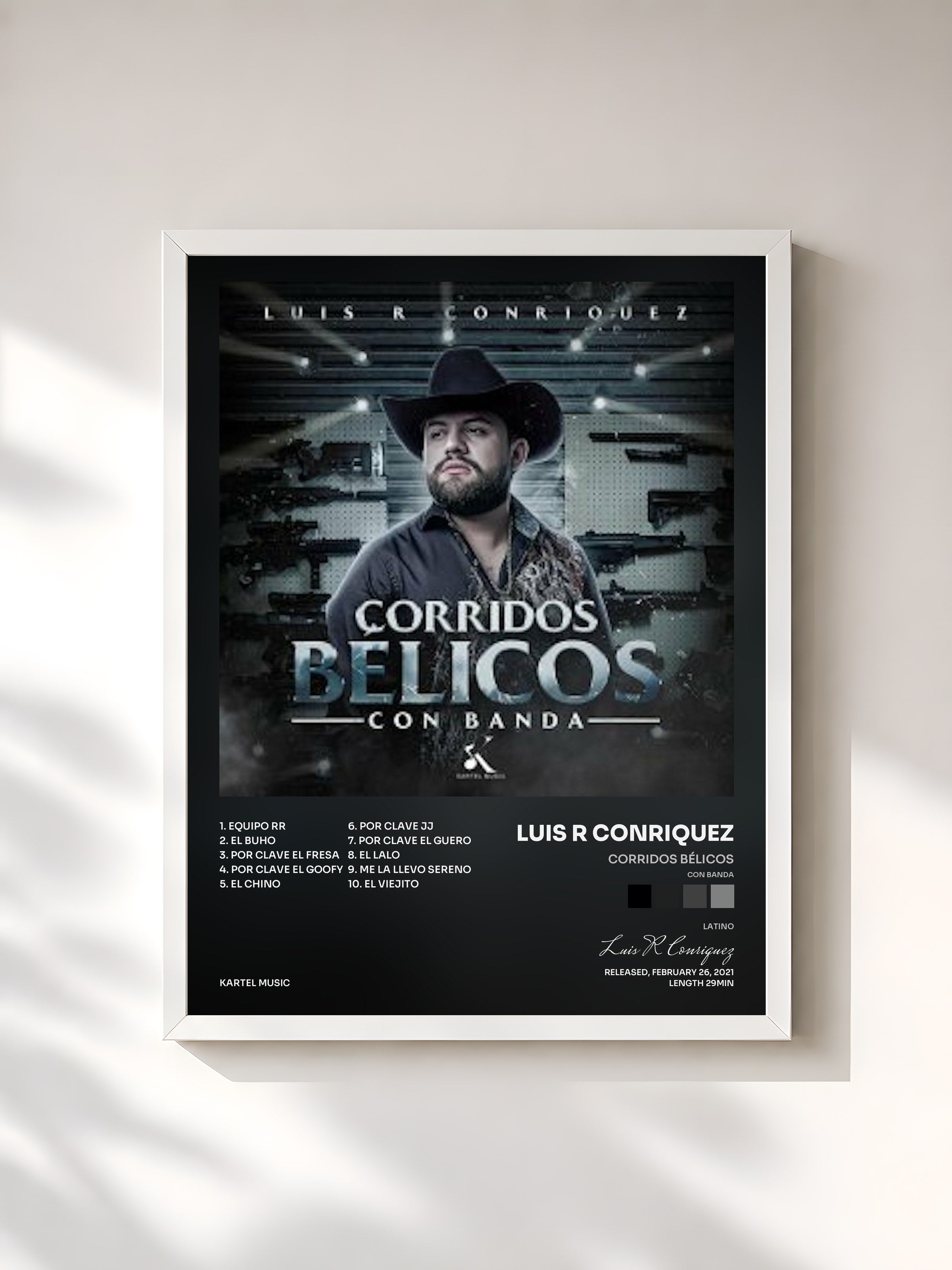 #blanc Tableau de l'album Corridos Bélicos (Con Banda) de Luis R Conriquez, cadre blanc, imprimé et encadré en France