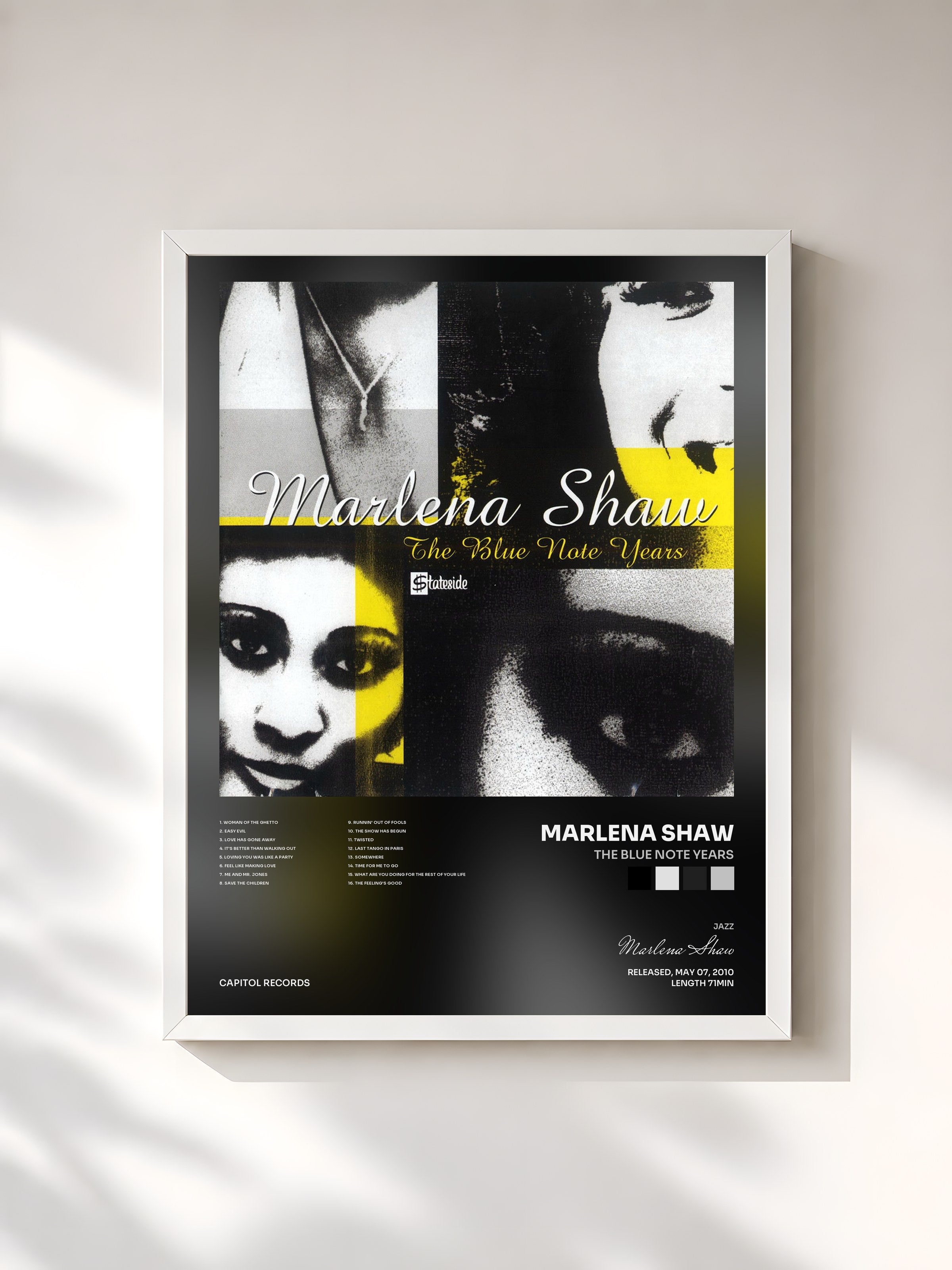 #blanc Tableau de l'album The Blue Note Years de Marlena Shaw, cadre blanc, imprimé et encadré en France