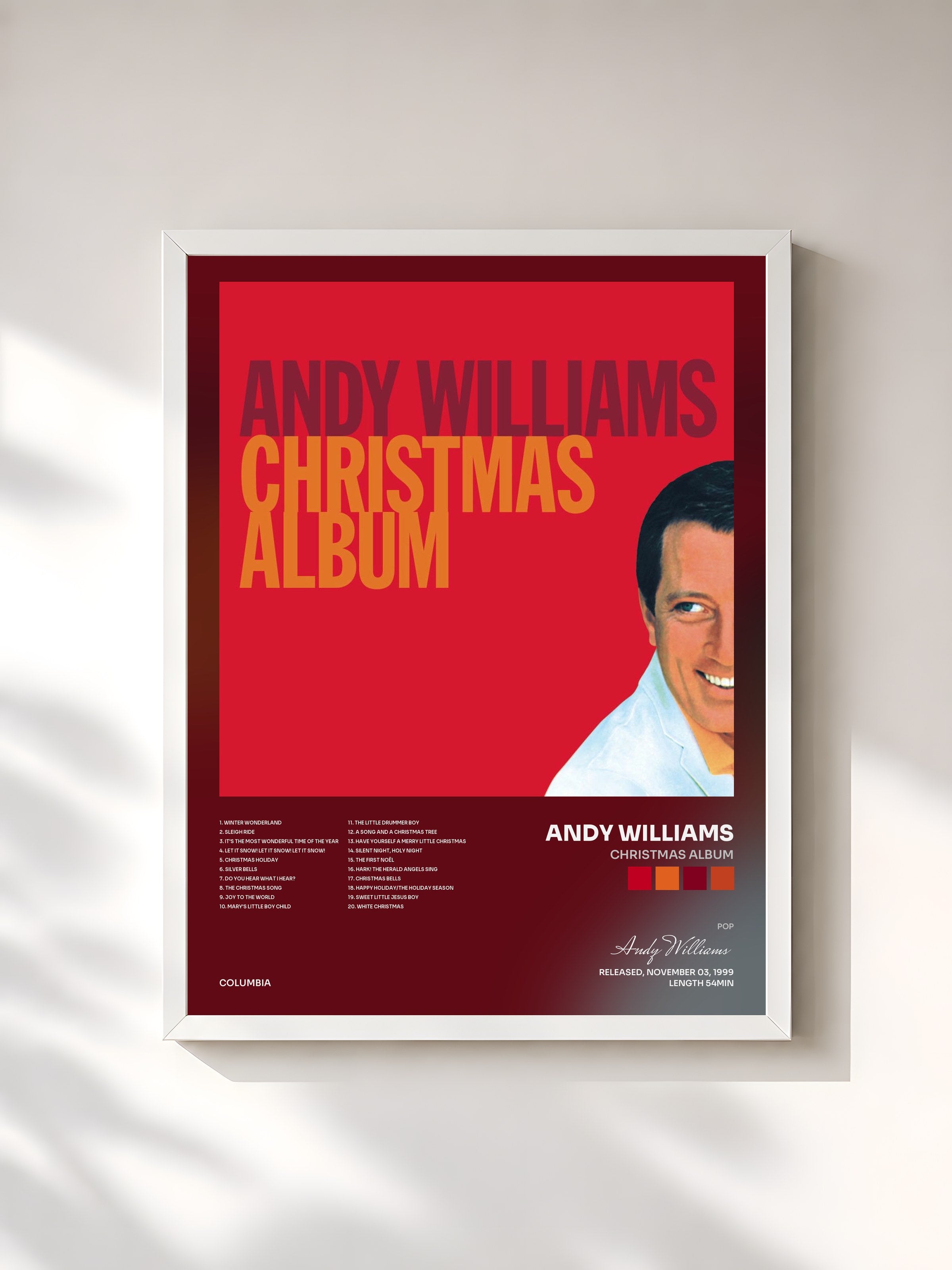 #blanc Tableau de l'album Christmas Album de Andy Williams, cadre blanc, imprimé et encadré en France