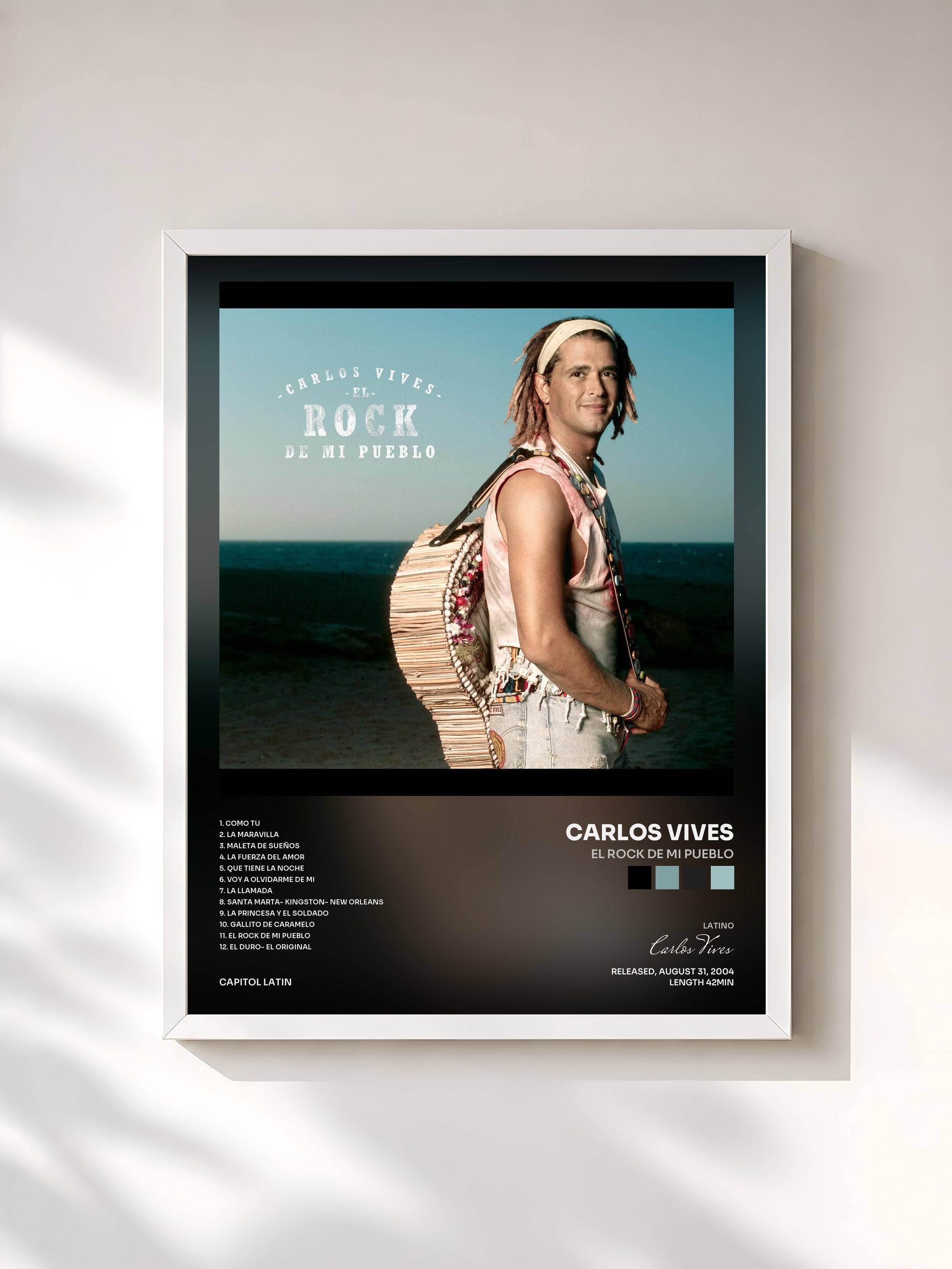 #blanc Tableau de l'album El Rock De Mi Pueblo de Carlos Vives, cadre blanc, imprimé et encadré en France