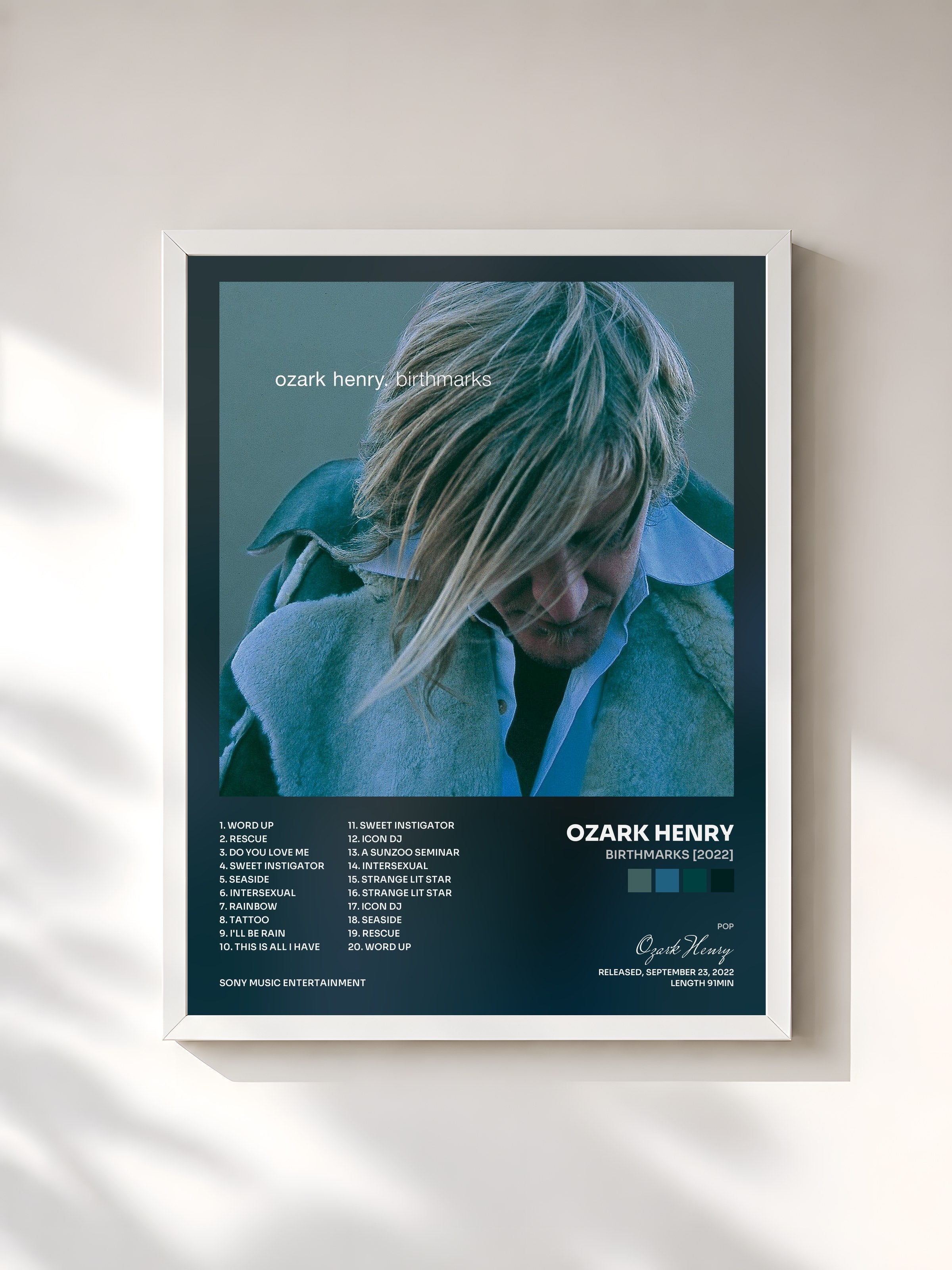 #blanc Tableau de l'album Birthmarks [2022] de Ozark Henry, cadre blanc, imprimé et encadré en France