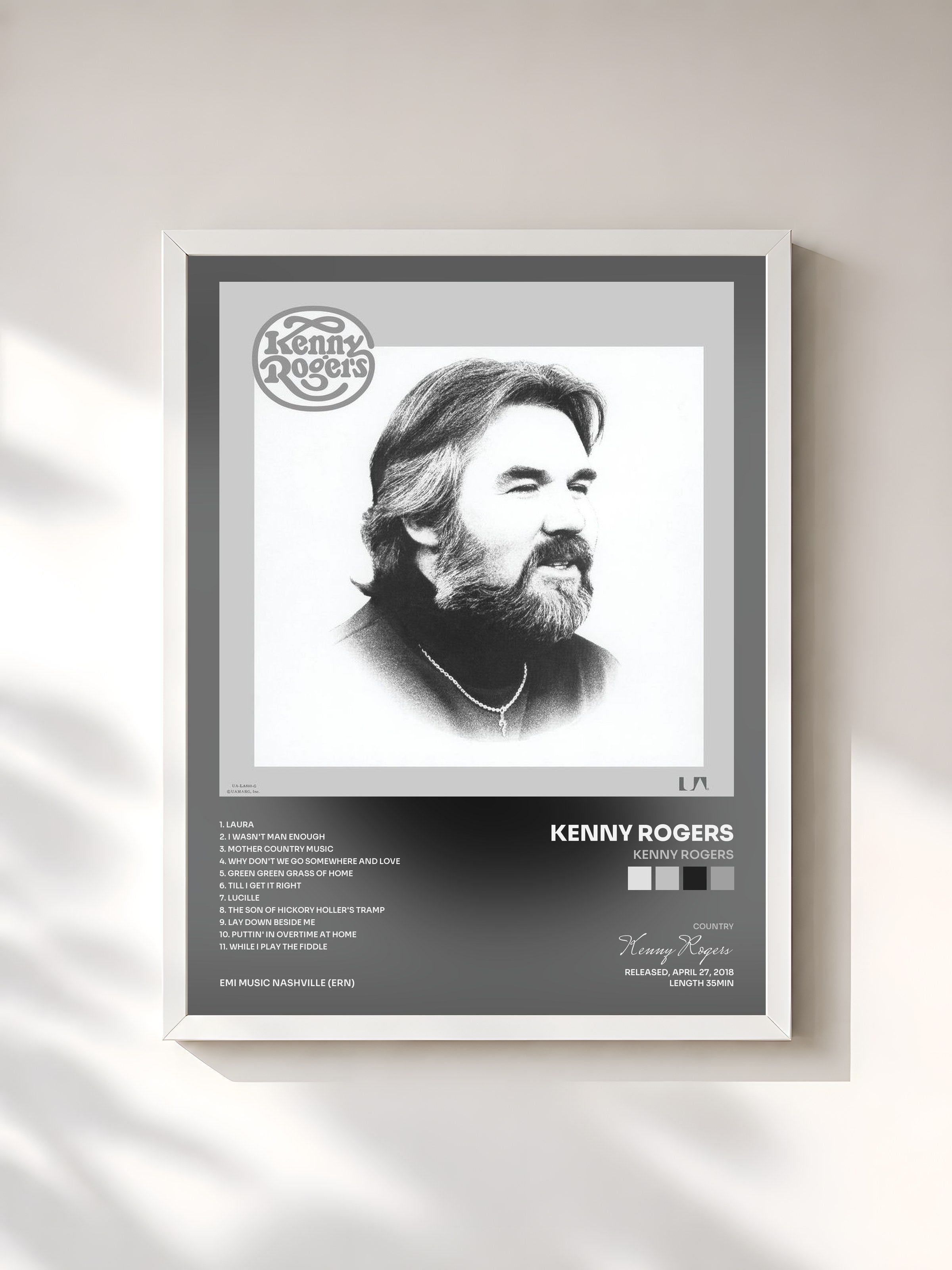 #blanc Tableau de l'album Kenny Rogers de Kenny Rogers, cadre blanc, imprimé et encadré en France