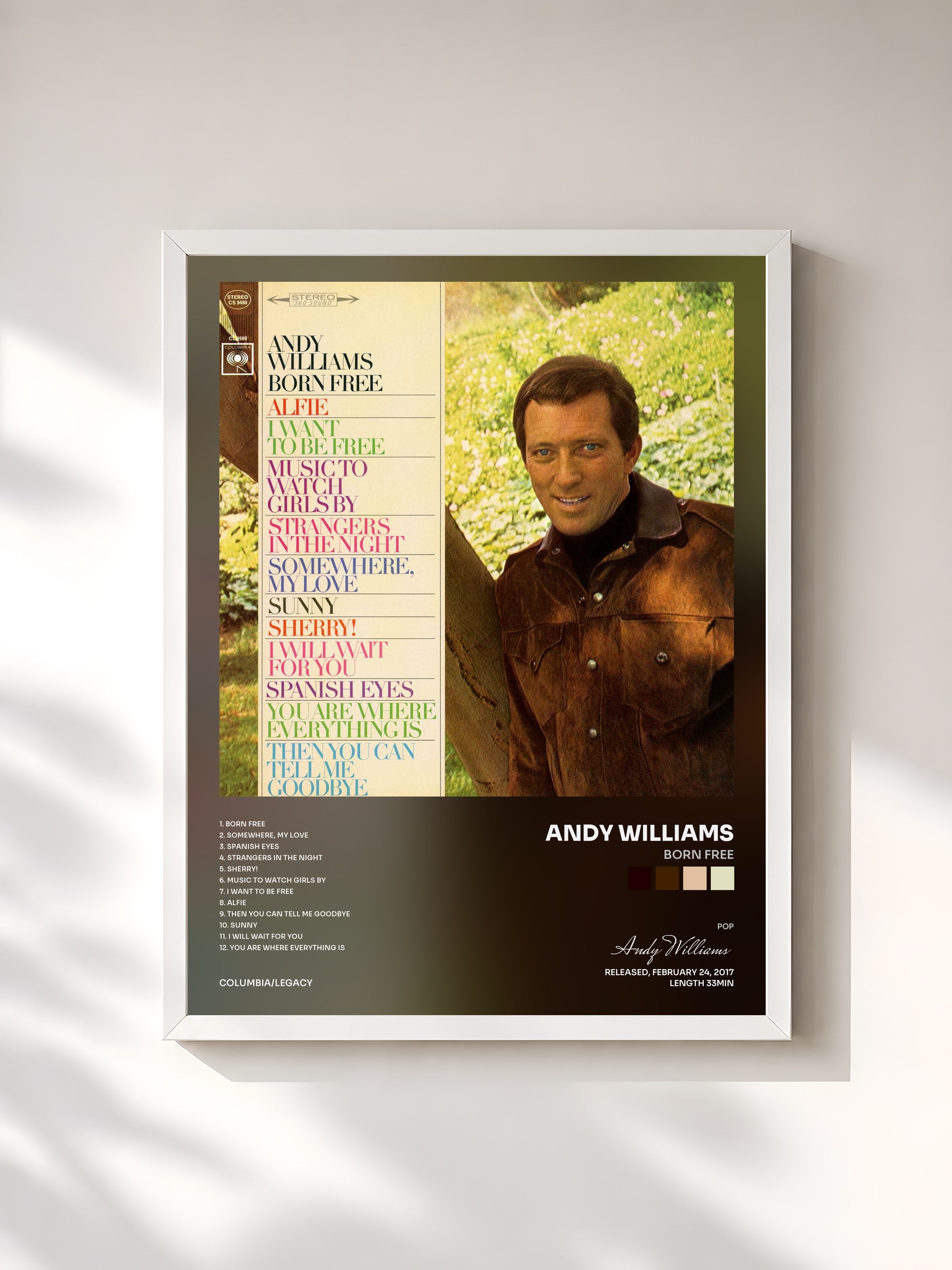 #blanc Tableau de l'album Born Free de Andy Williams, cadre blanc, imprimé et encadré en France