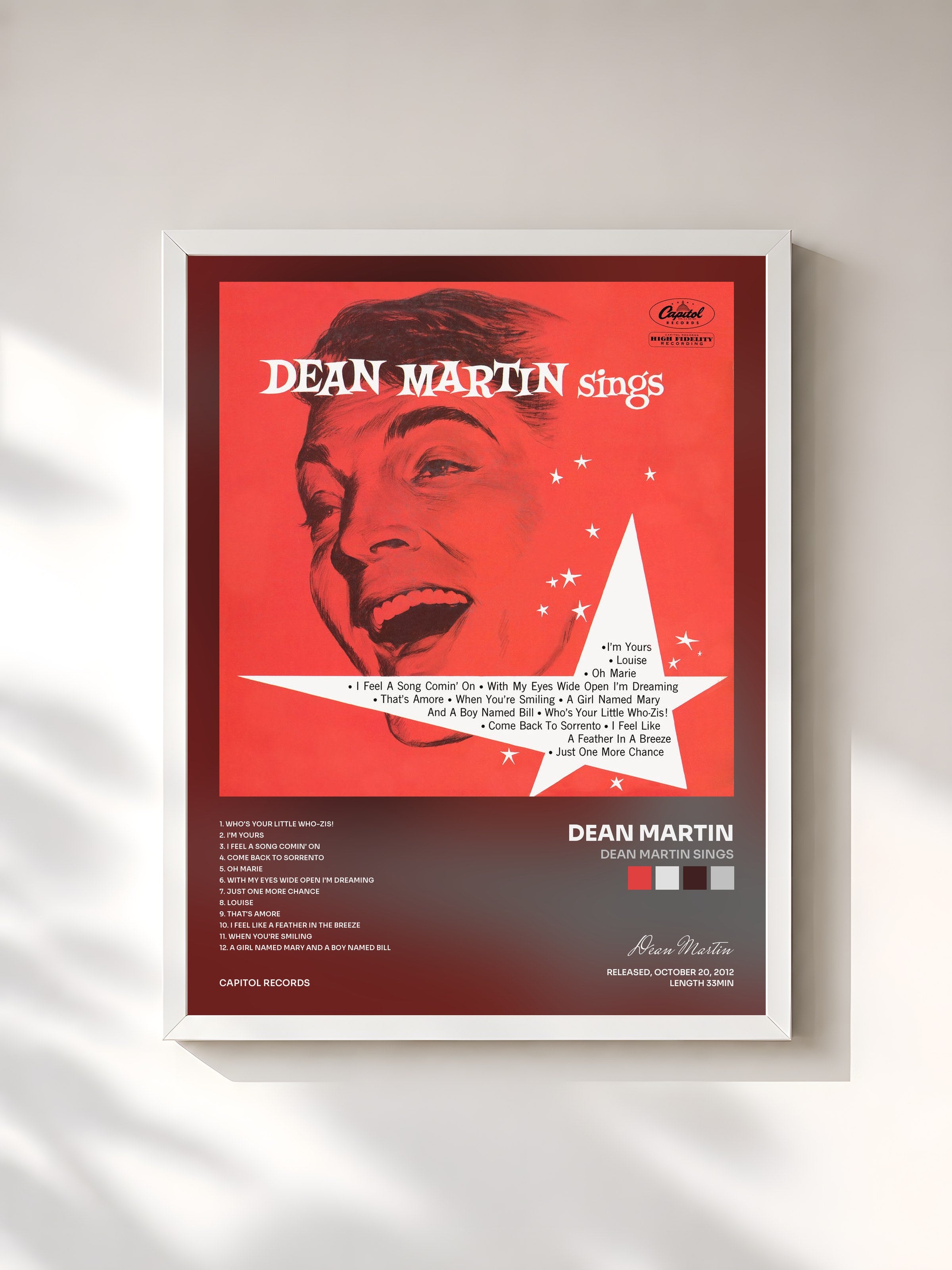 #blanc Tableau de l'album Dean Martin Sings de Dean Martin, cadre blanc, imprimé et encadré en France