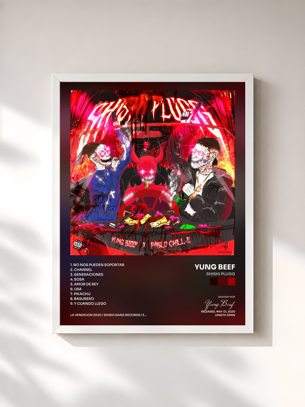 #blanc Tableau de l'album Shishi Plugg de Yung Beef, cadre blanc, imprimé et encadré en France