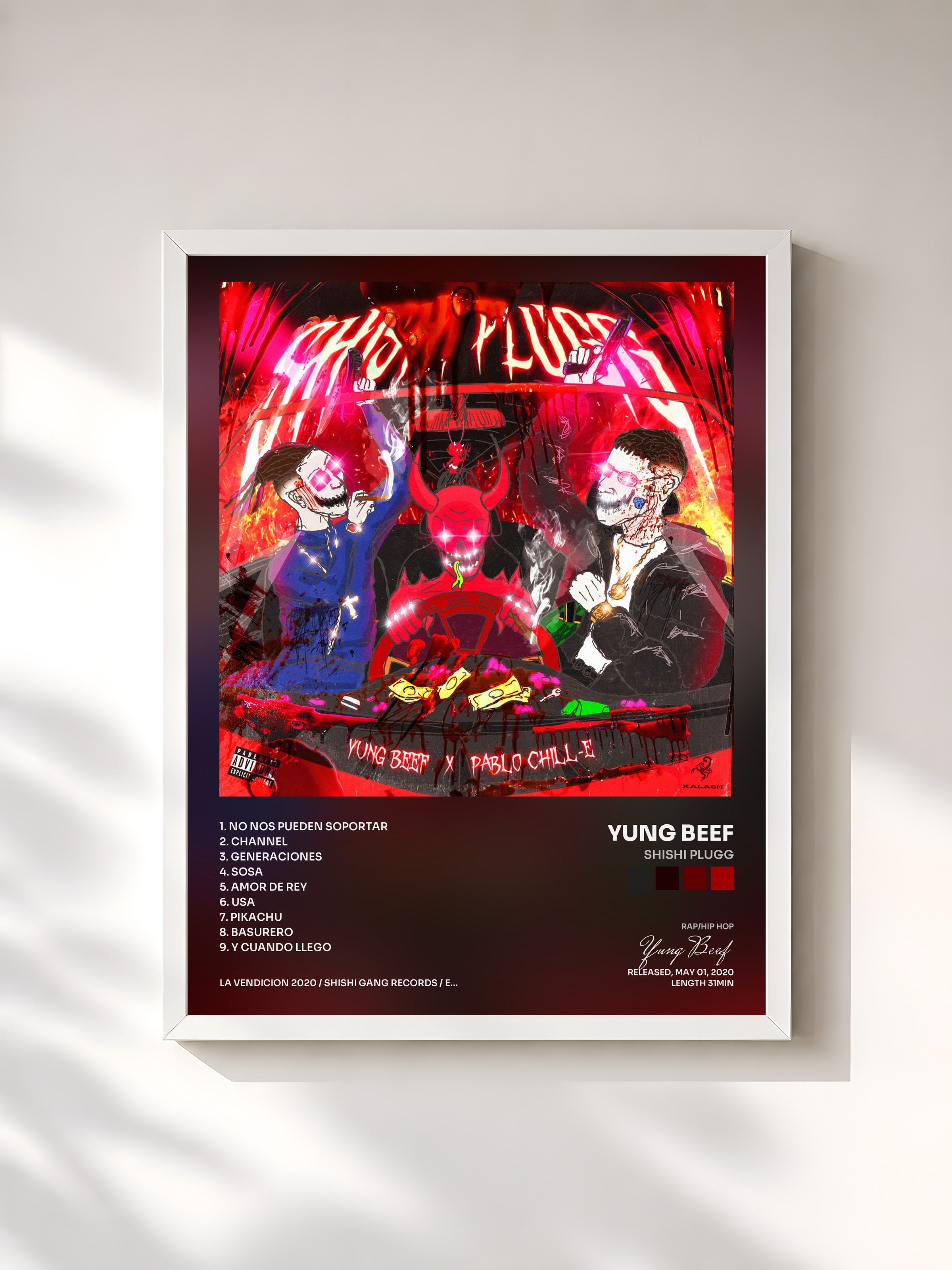 #blanc Tableau de l'album Shishi Plugg de Yung Beef, cadre blanc, imprimé et encadré en France
