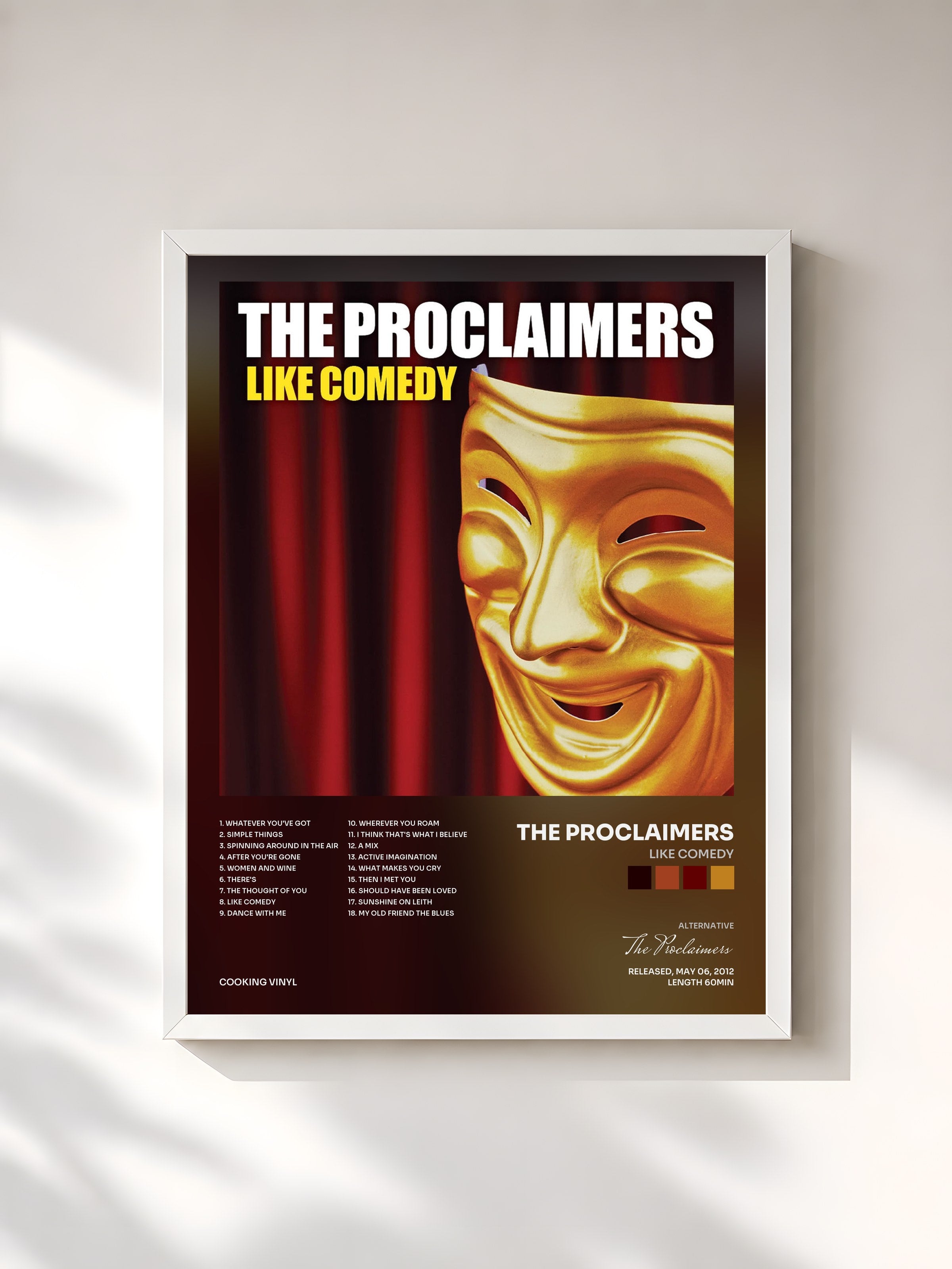 #blanc Tableau de l'album Like Comedy de The Proclaimers, cadre blanc, imprimé et encadré en France