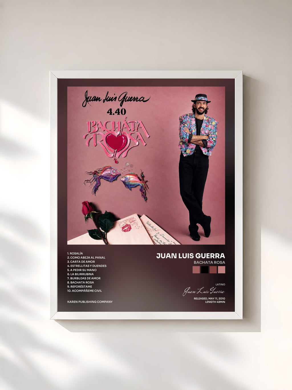 #blanc Tableau de l'album Bachata Rosa de Juan Luis Guerra, cadre blanc, imprimé et encadré en France