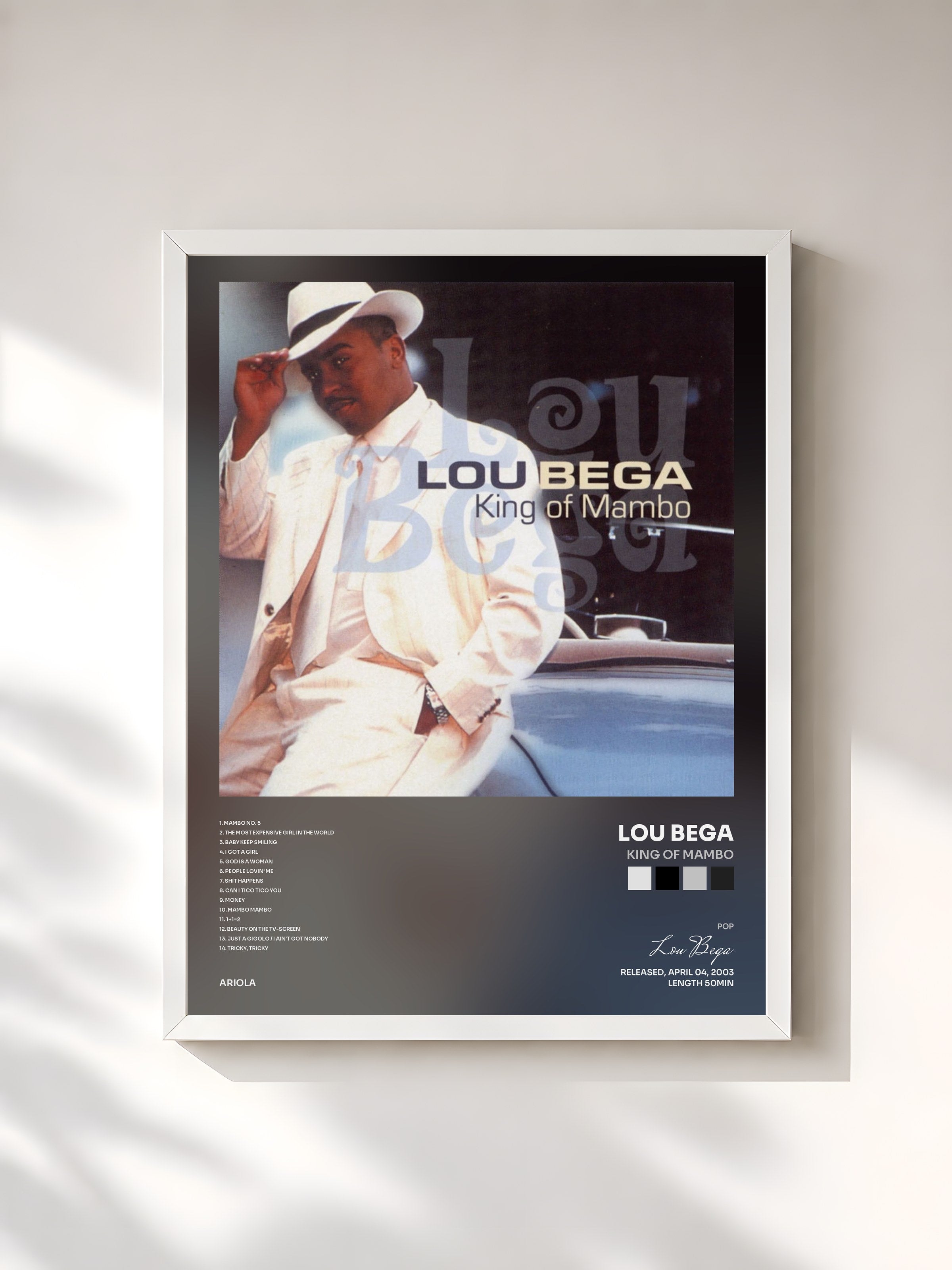 #blanc Tableau de l'album King Of Mambo de Lou Bega, cadre blanc, imprimé et encadré en France