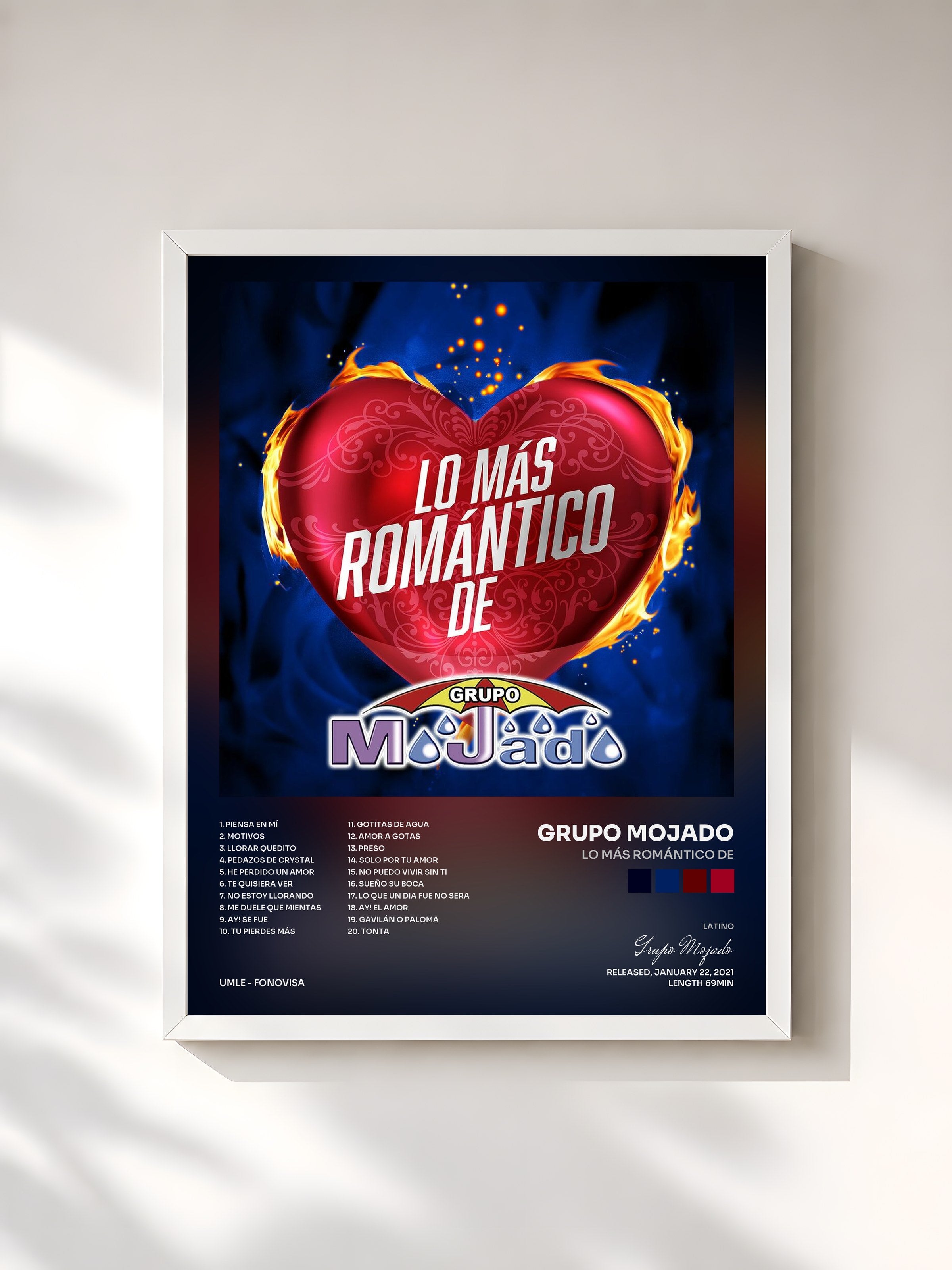 #blanc Tableau de l'album Lo Más Romántico De de Grupo Mojado, cadre blanc, imprimé et encadré en France