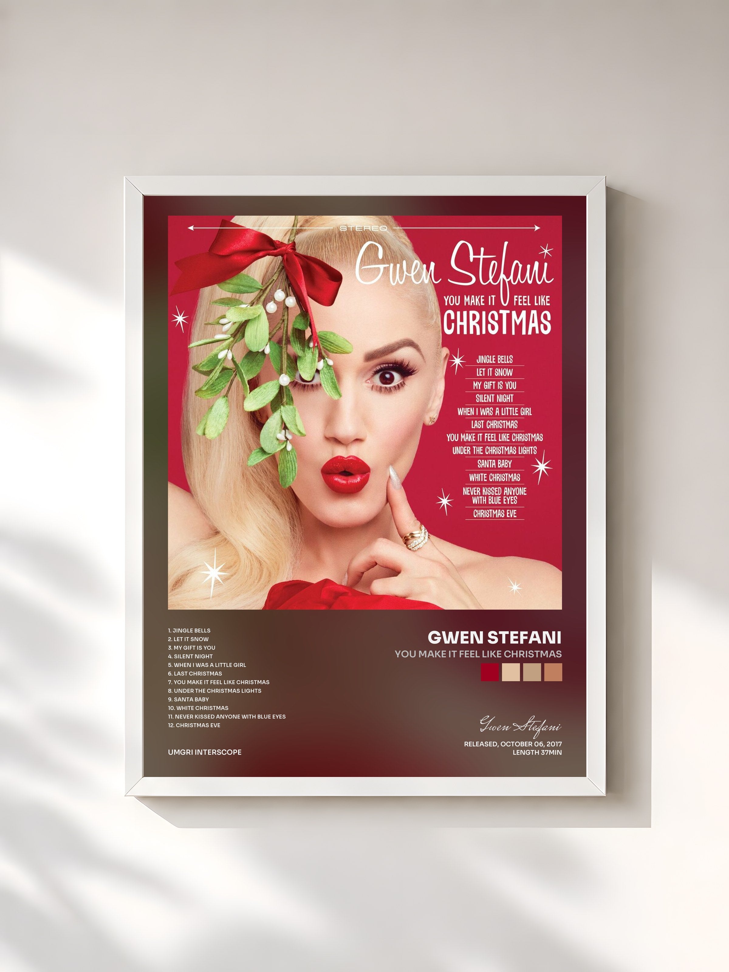 #blanc Tableau de l'album You Make It Feel Like Christmas de Gwen Stefani, cadre blanc, imprimé et encadré en France
