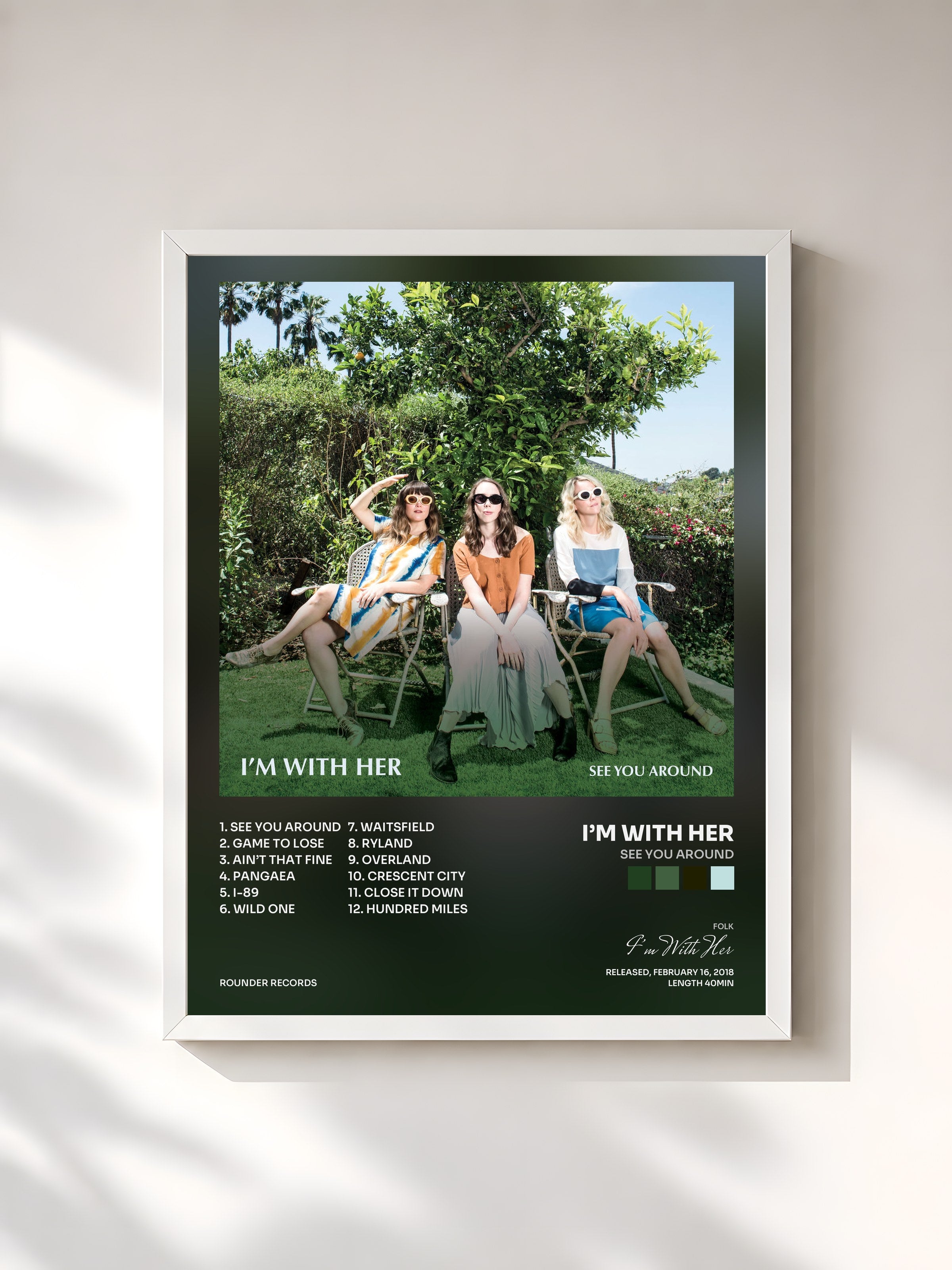 #blanc Tableau de l'album See You Around de I’m With Her, cadre blanc, imprimé et encadré en France