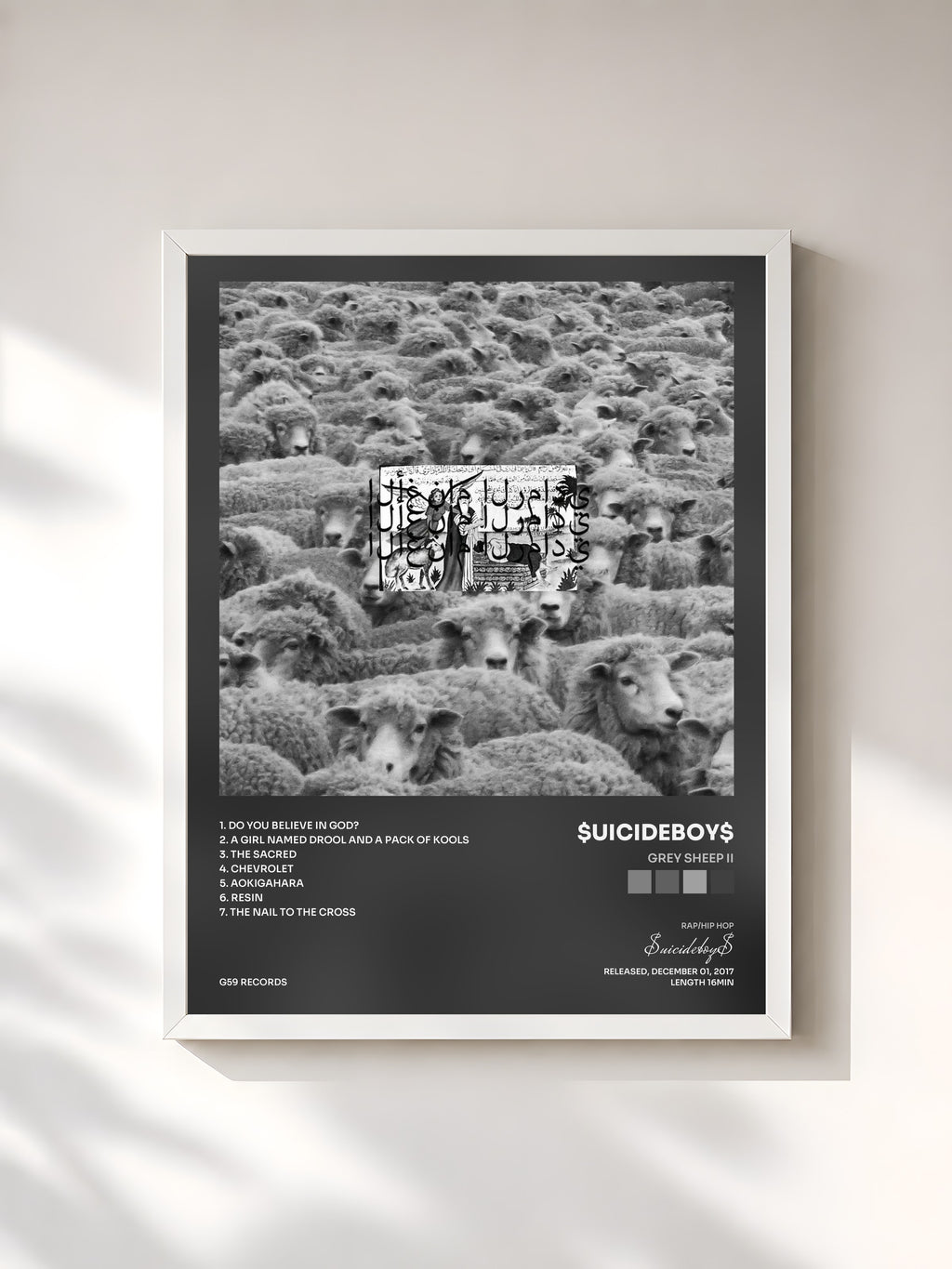 #blanc Tableau de l'album Grey Sheep II de $uicideboy$, cadre blanc, imprimé et encadré en France