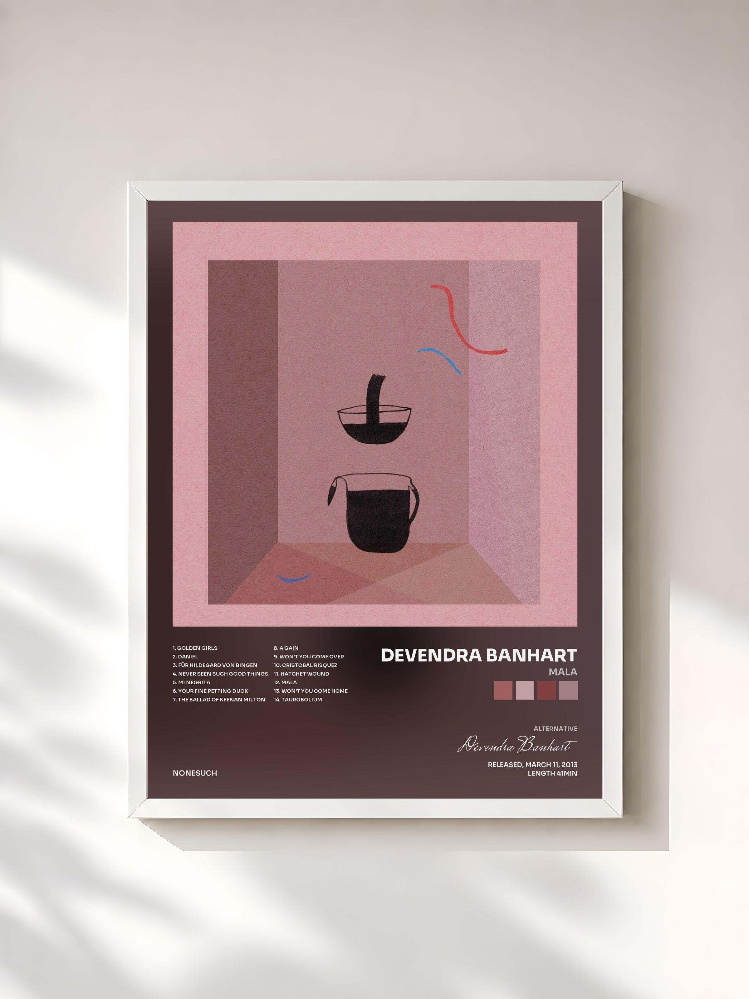 #blanc Tableau de l'album Mala de Devendra Banhart, cadre blanc, imprimé et encadré en France