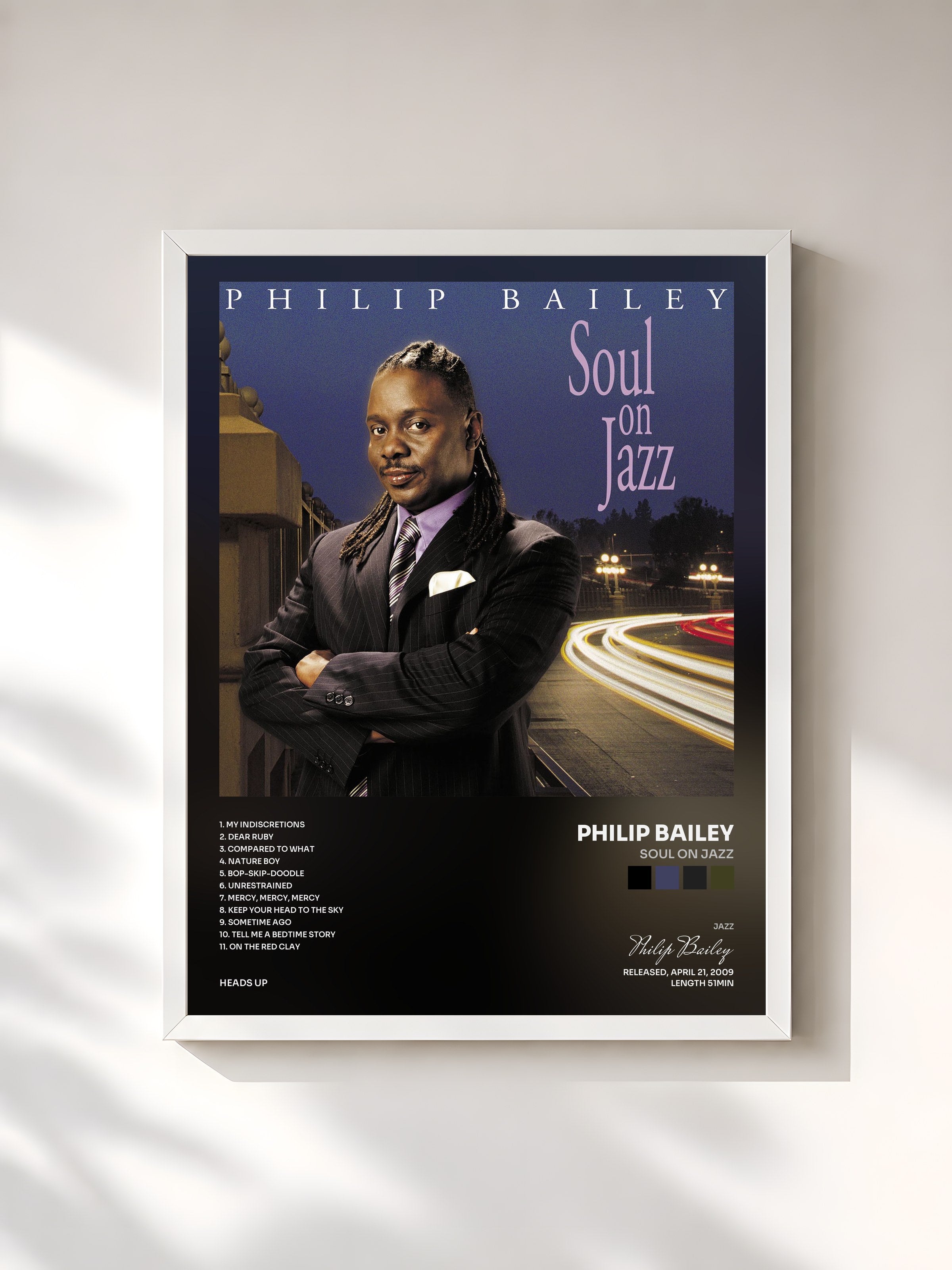 #blanc Tableau de l'album Soul On Jazz de Philip Bailey, cadre blanc, imprimé et encadré en France