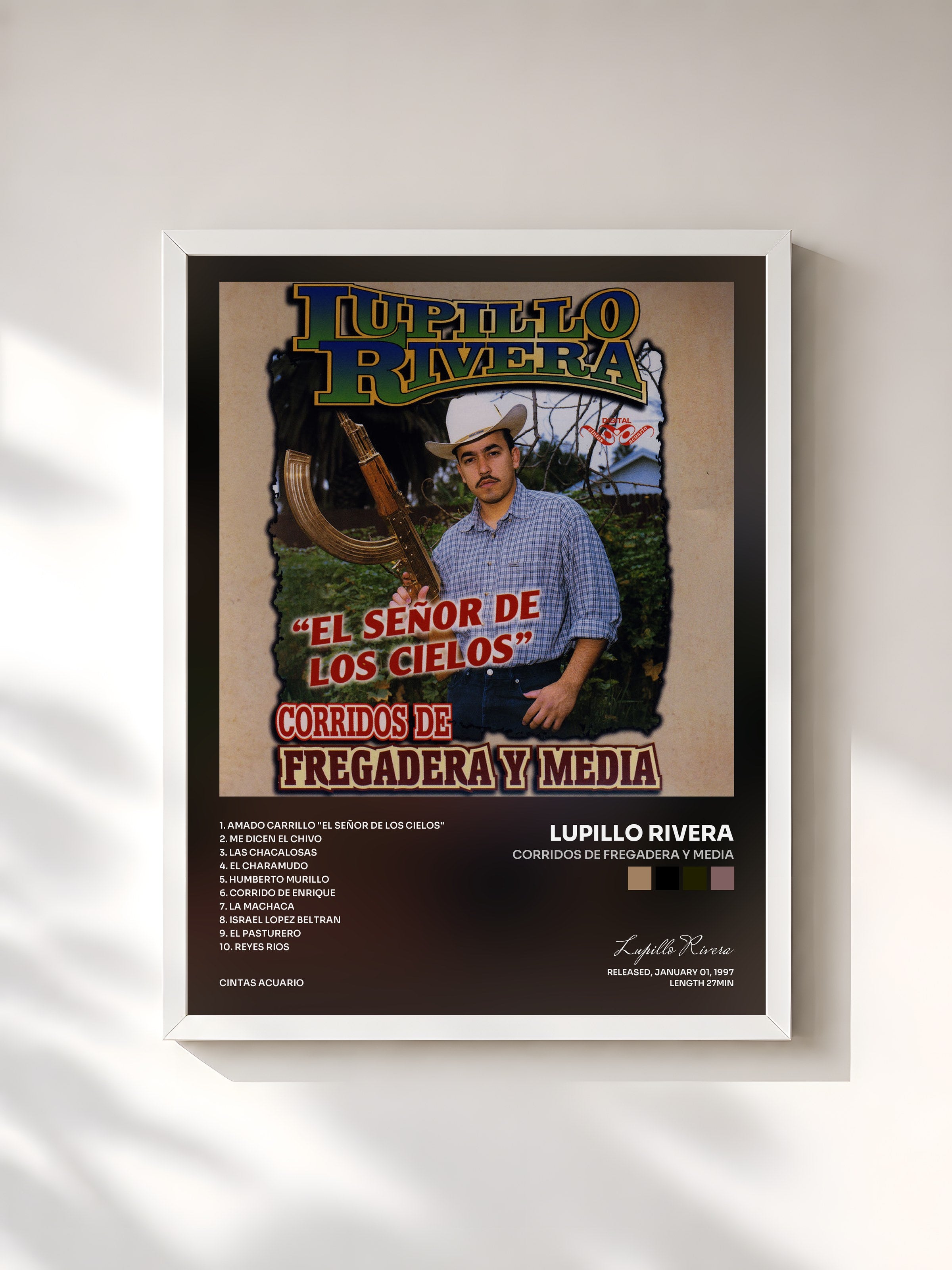 #blanc Tableau de l'album Corridos De Fregadera Y Media de Lupillo Rivera, cadre blanc, imprimé et encadré en France