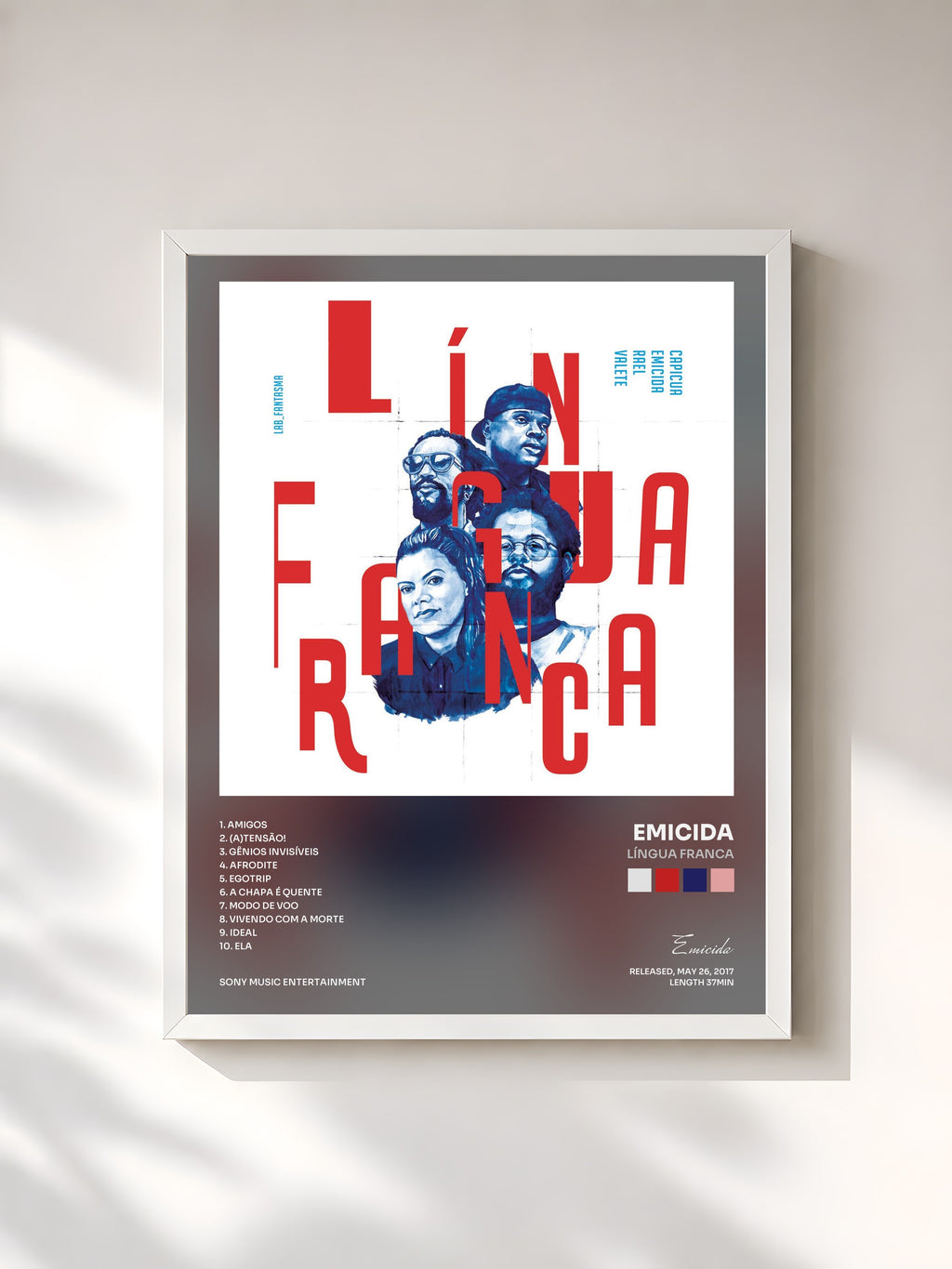 #blanc Tableau de l'album Língua Franca de Emicida, cadre blanc, imprimé et encadré en France