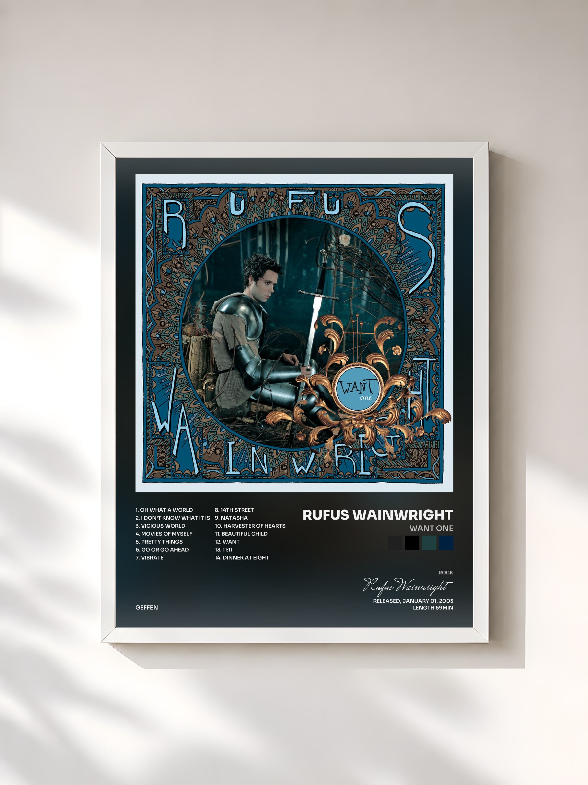 #blanc Tableau de l'album Want One de Rufus Wainwright, cadre blanc, imprimé et encadré en France