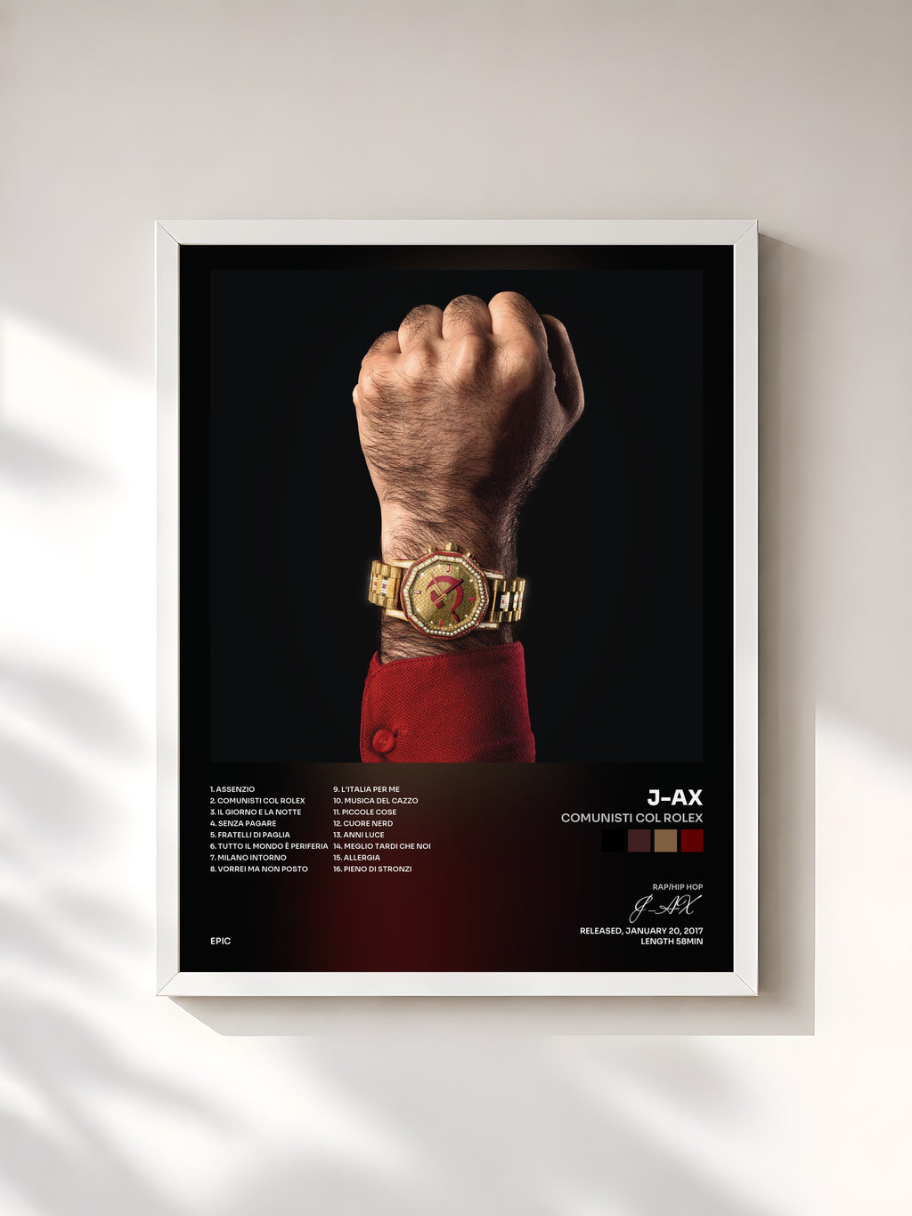 #blanc Tableau de l'album Comunisti col Rolex de J-AX, cadre blanc, imprimé et encadré en France