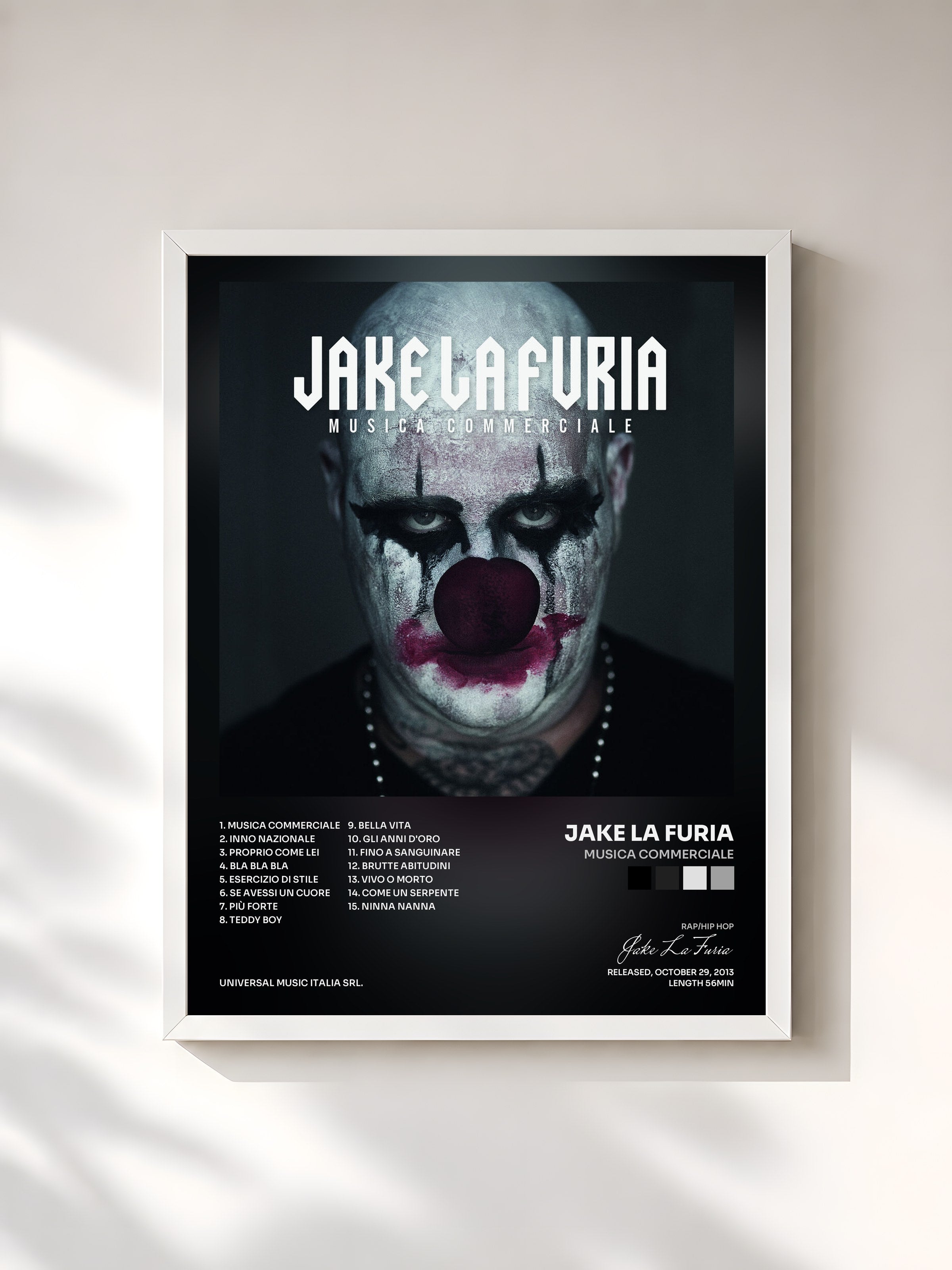 #blanc Tableau de l'album Musica Commerciale de Jake La Furia, cadre blanc, imprimé et encadré en France