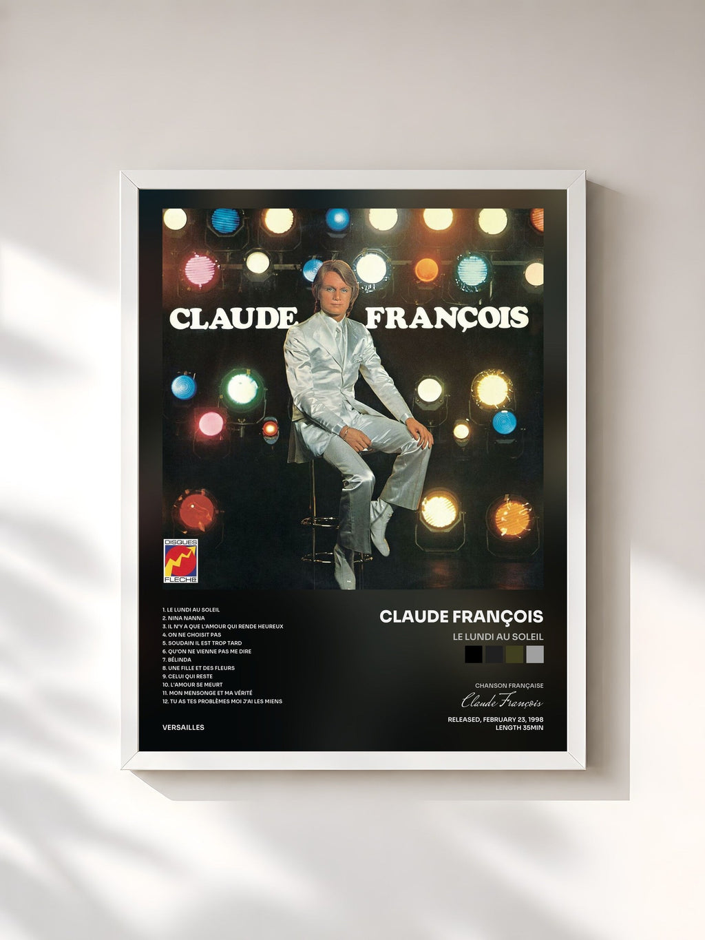 #blanc Tableau de l'album Le lundi au soleil de Claude François, cadre blanc, imprimé et encadré en France