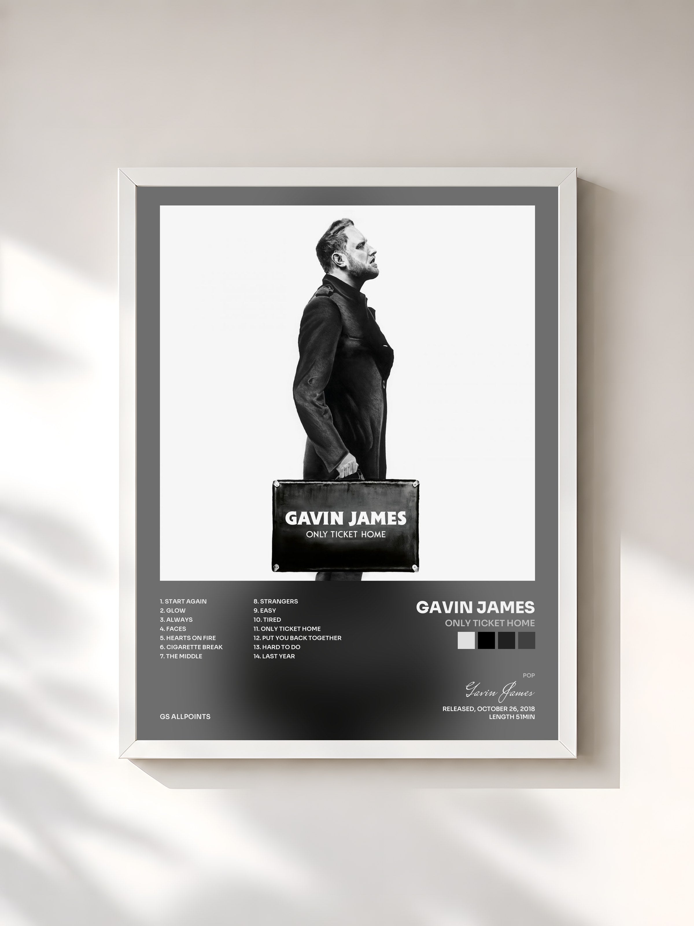 #blanc Tableau de l'album Only Ticket Home de Gavin James, cadre blanc, imprimé et encadré en France