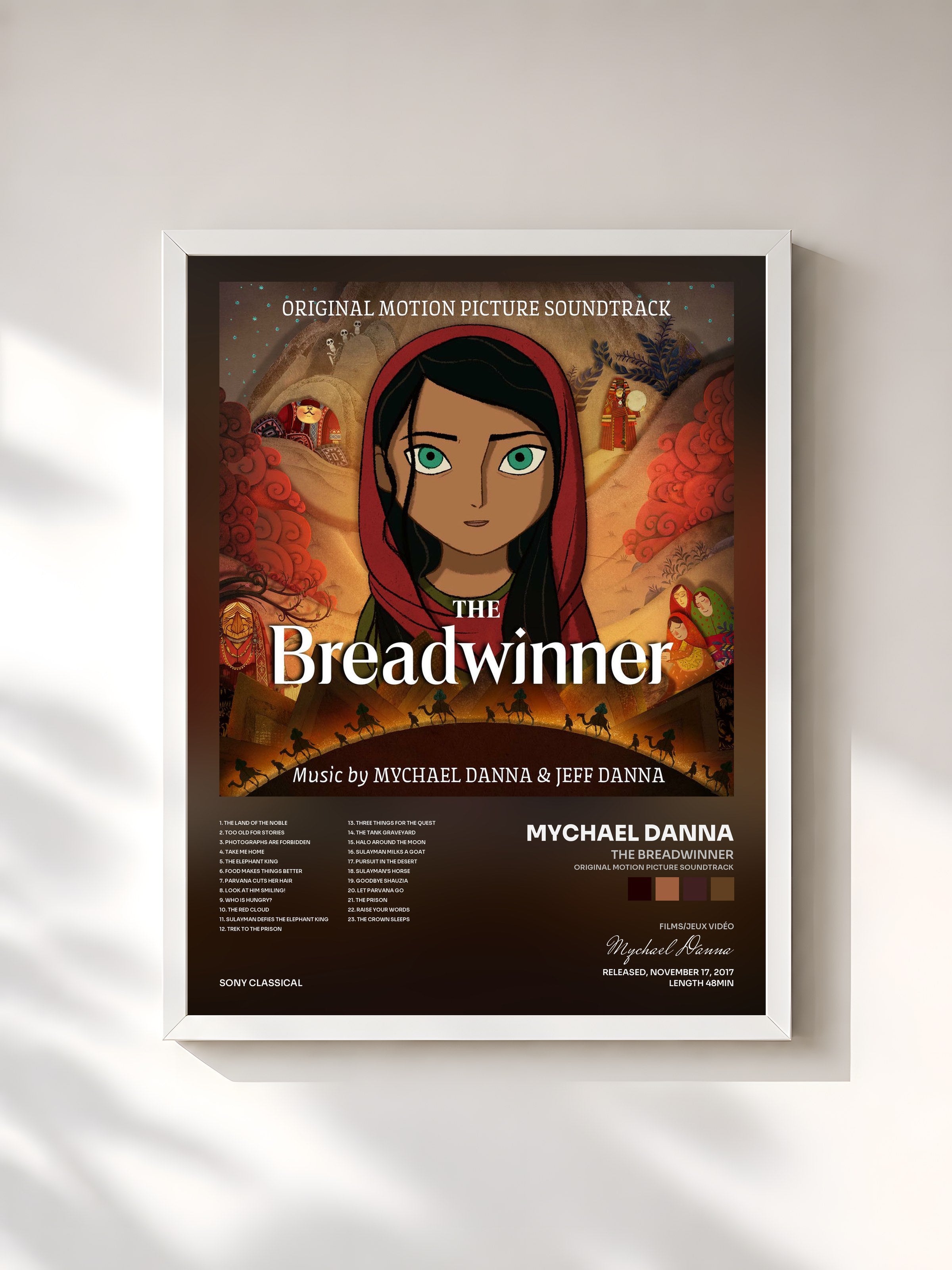 #blanc Tableau de l'album The Breadwinner (Original Motion Picture Soundtrack) de Mychael Danna, cadre blanc, imprimé et encadré en France
