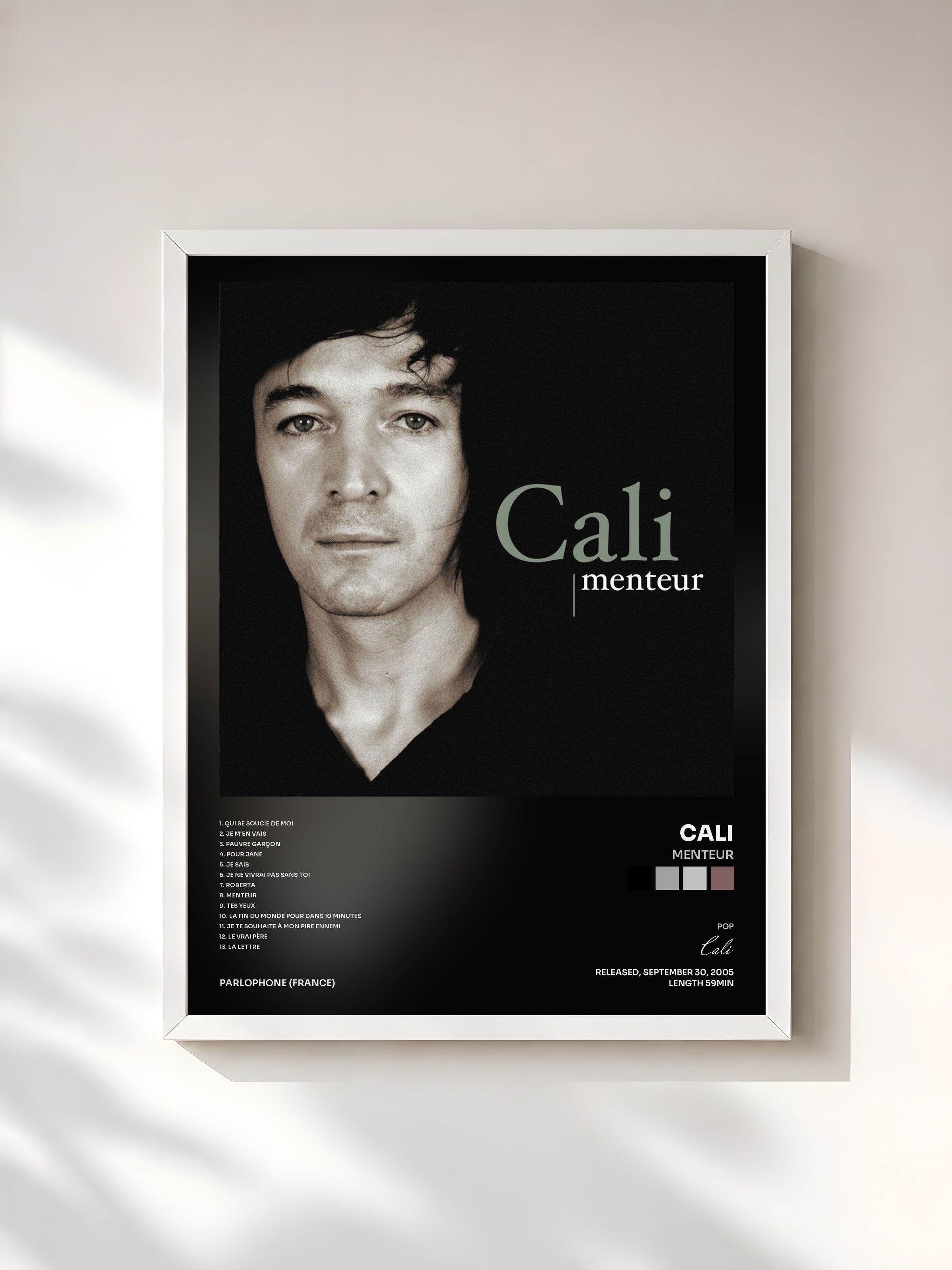 #blanc Tableau de l'album Menteur de Cali, cadre blanc, imprimé et encadré en France