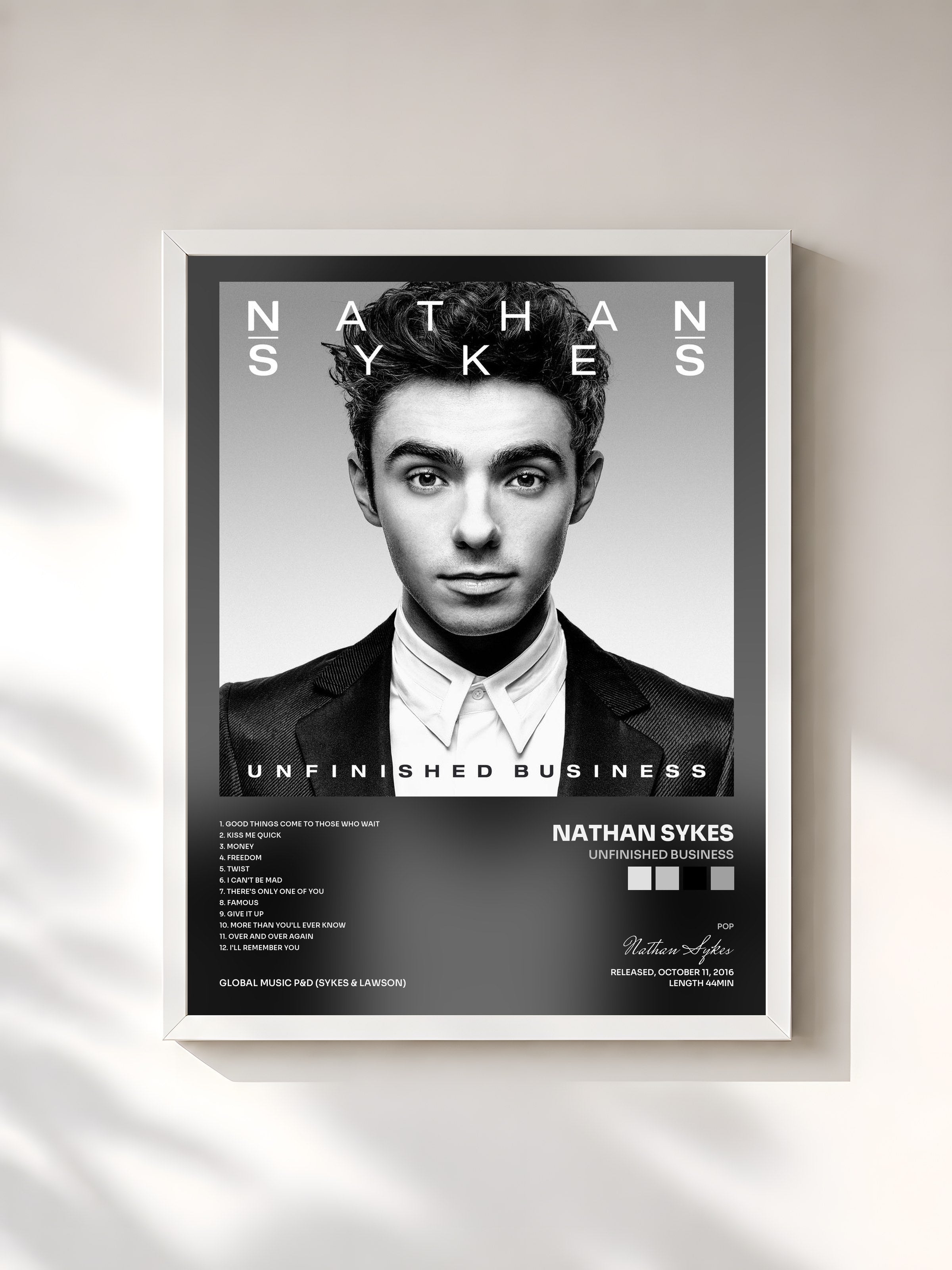 #blanc Tableau de l'album Unfinished Business de Nathan Sykes, cadre blanc, imprimé et encadré en France