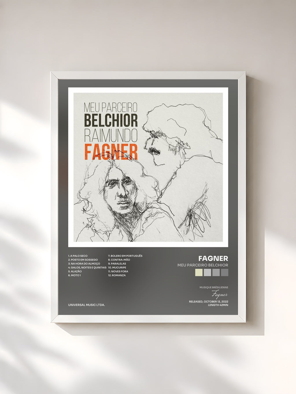 #blanc Tableau de l'album Meu Parceiro Belchior de Fagner, cadre blanc, imprimé et encadré en France
