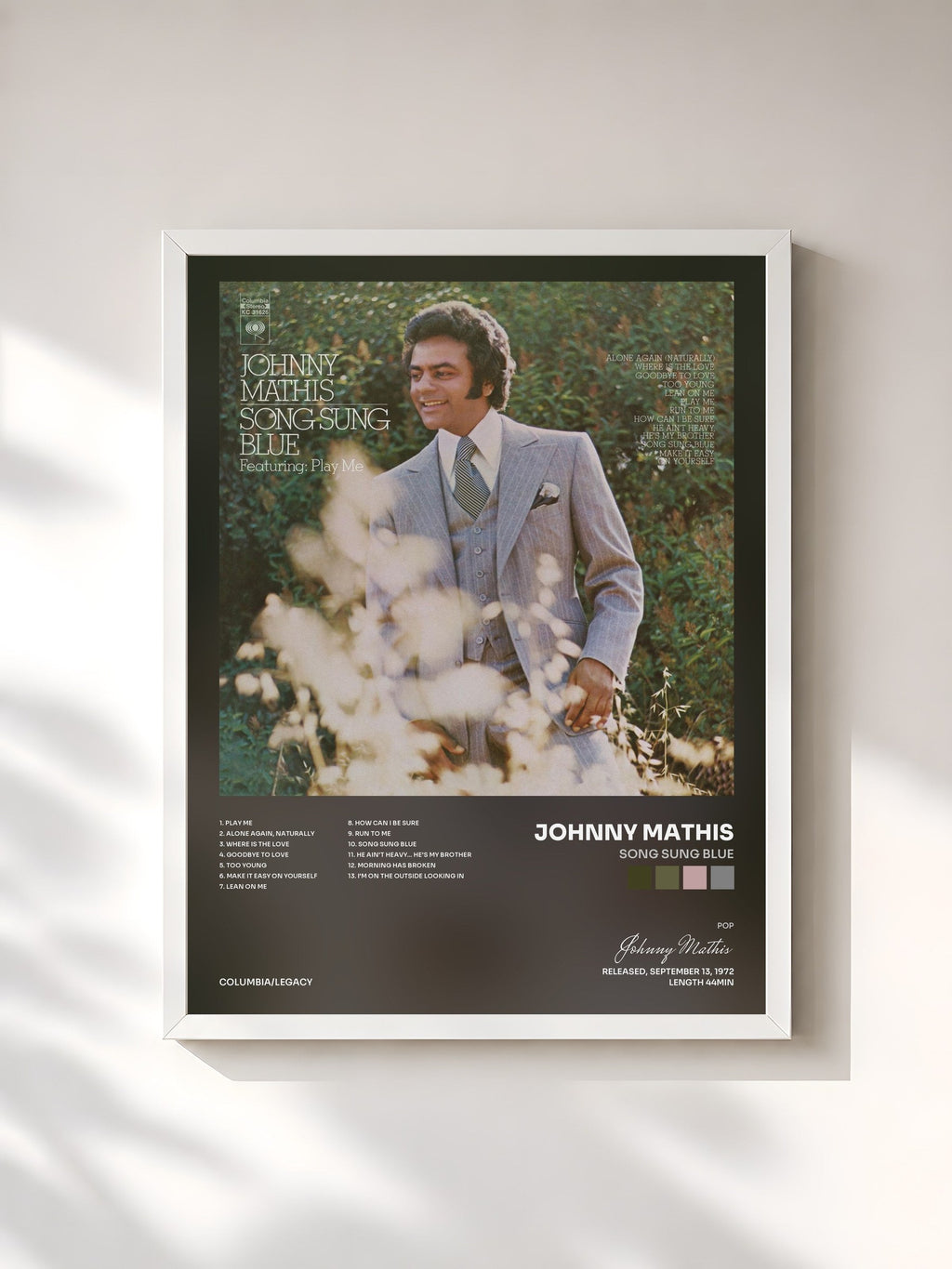 #blanc Song Sung Blue di Johnny Mathis in stampa incorniciata, cornice bianca, stampata e incorniciata in Francia